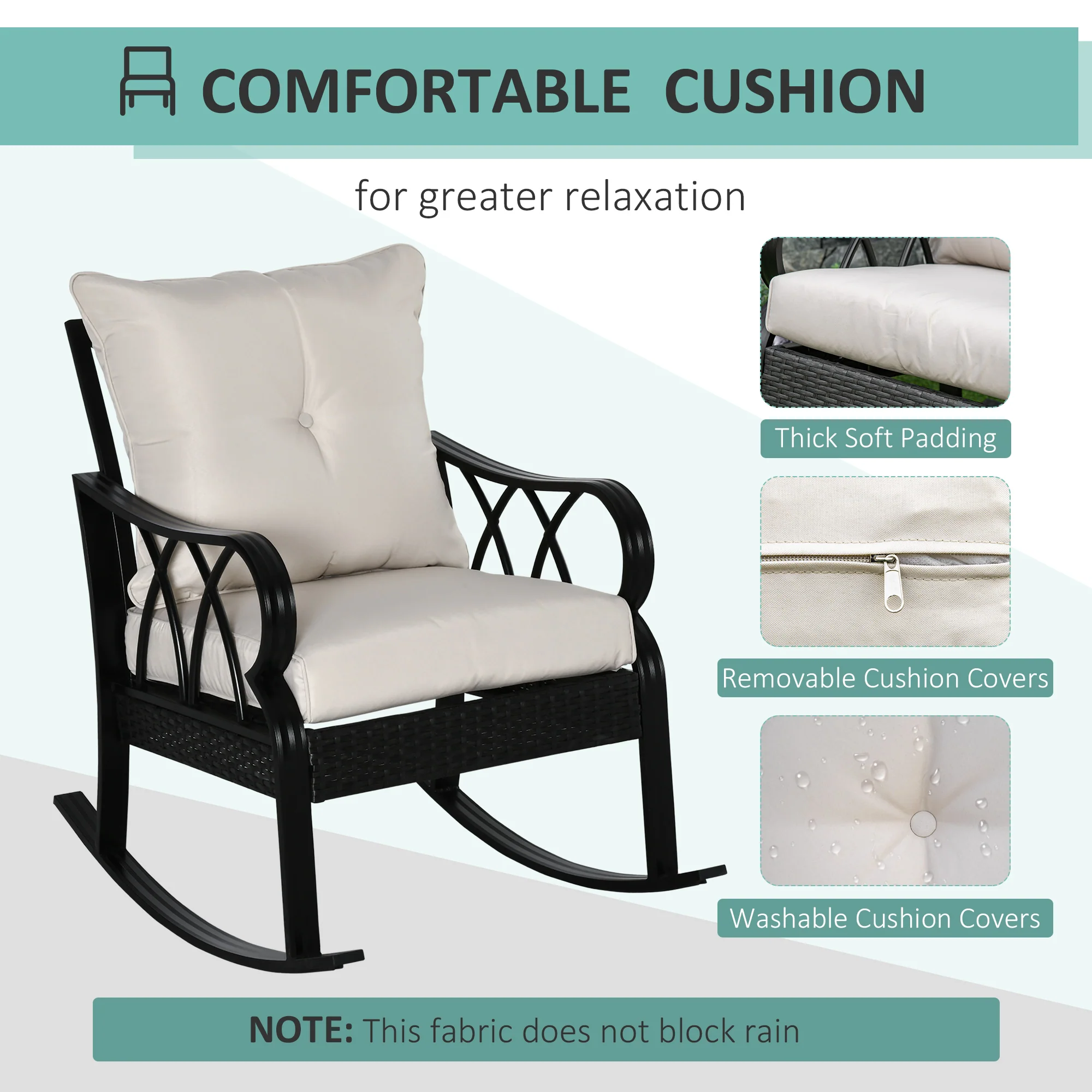 Patio Wicker Rocking Chairs with Removable Cushions, Outdoor Rattan Rockers, Khaki - Image 7