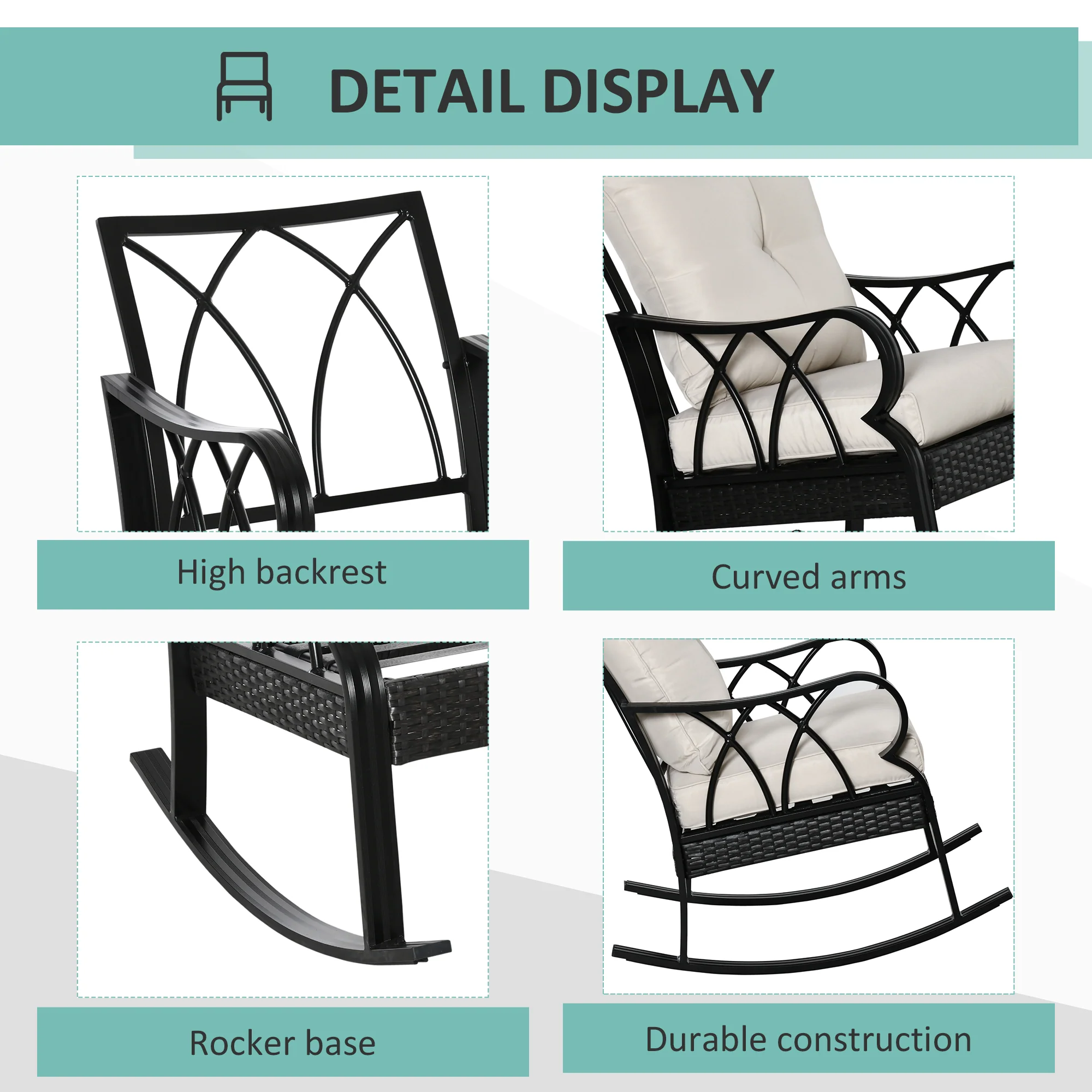 Patio Wicker Rocking Chairs with Removable Cushions, Outdoor Rattan Rockers, Khaki - Image 8