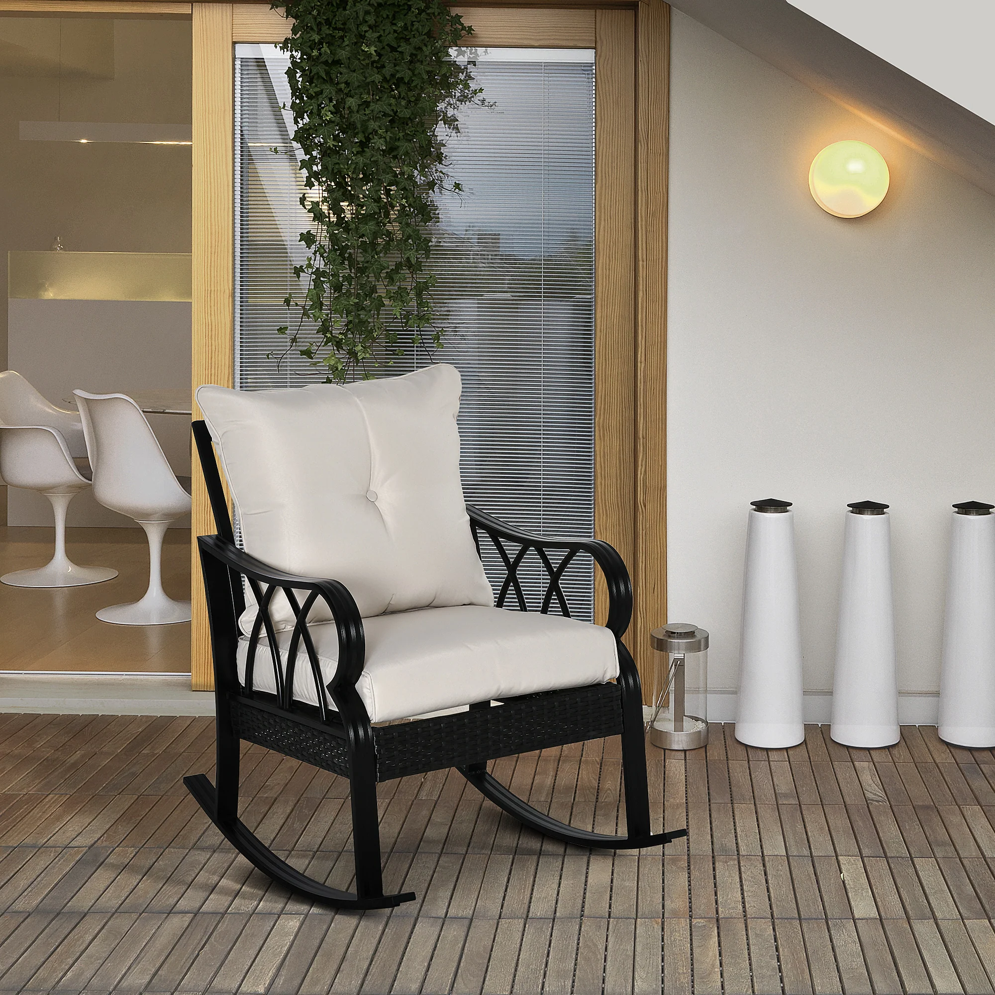 Patio Wicker Rocking Chairs with Removable Cushions, Outdoor Rattan Rockers, Khaki - Image 9