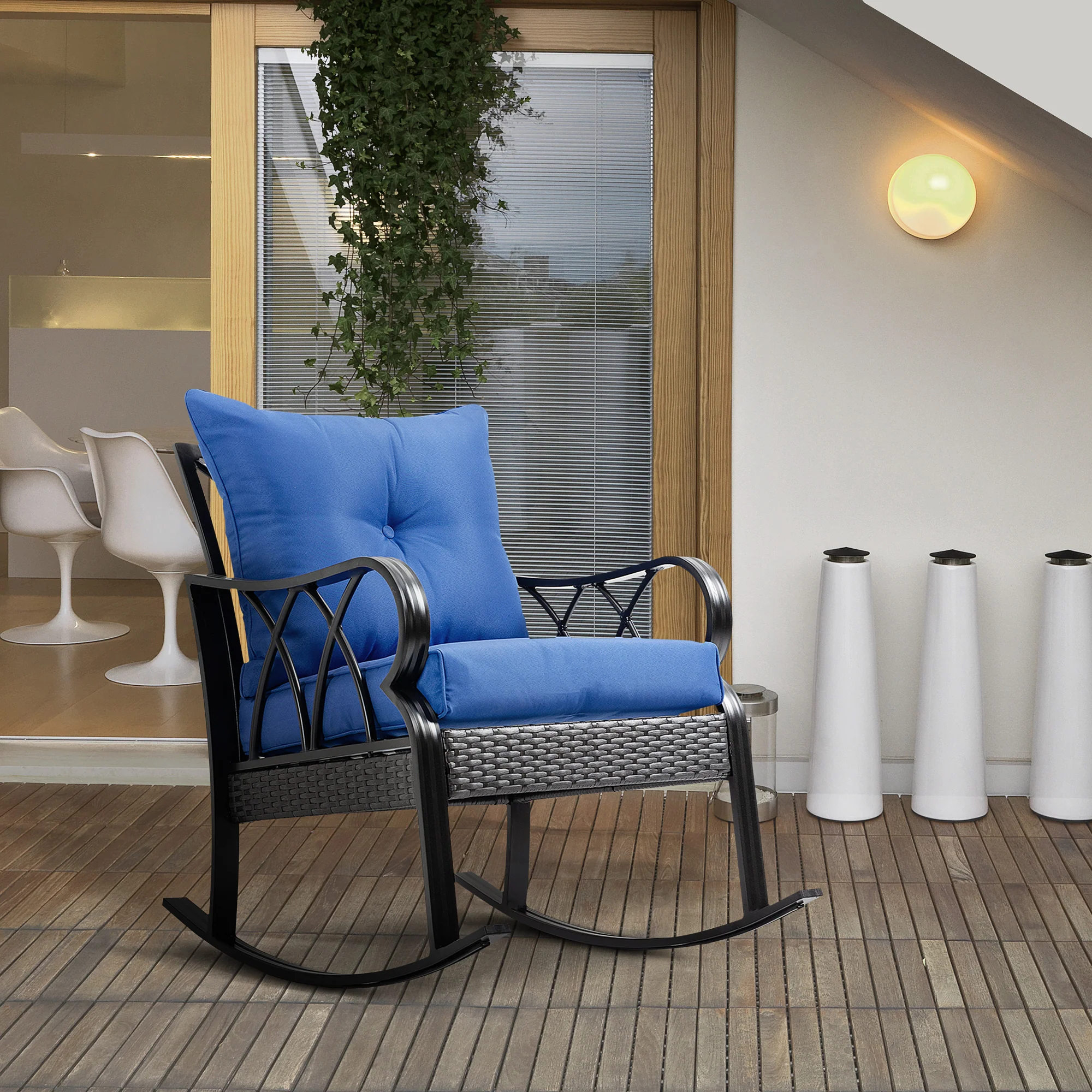 Patio Wicker Rocking Chairs with Removable Cushions, Outdoor Rattan Rockers, Blue - Image 3