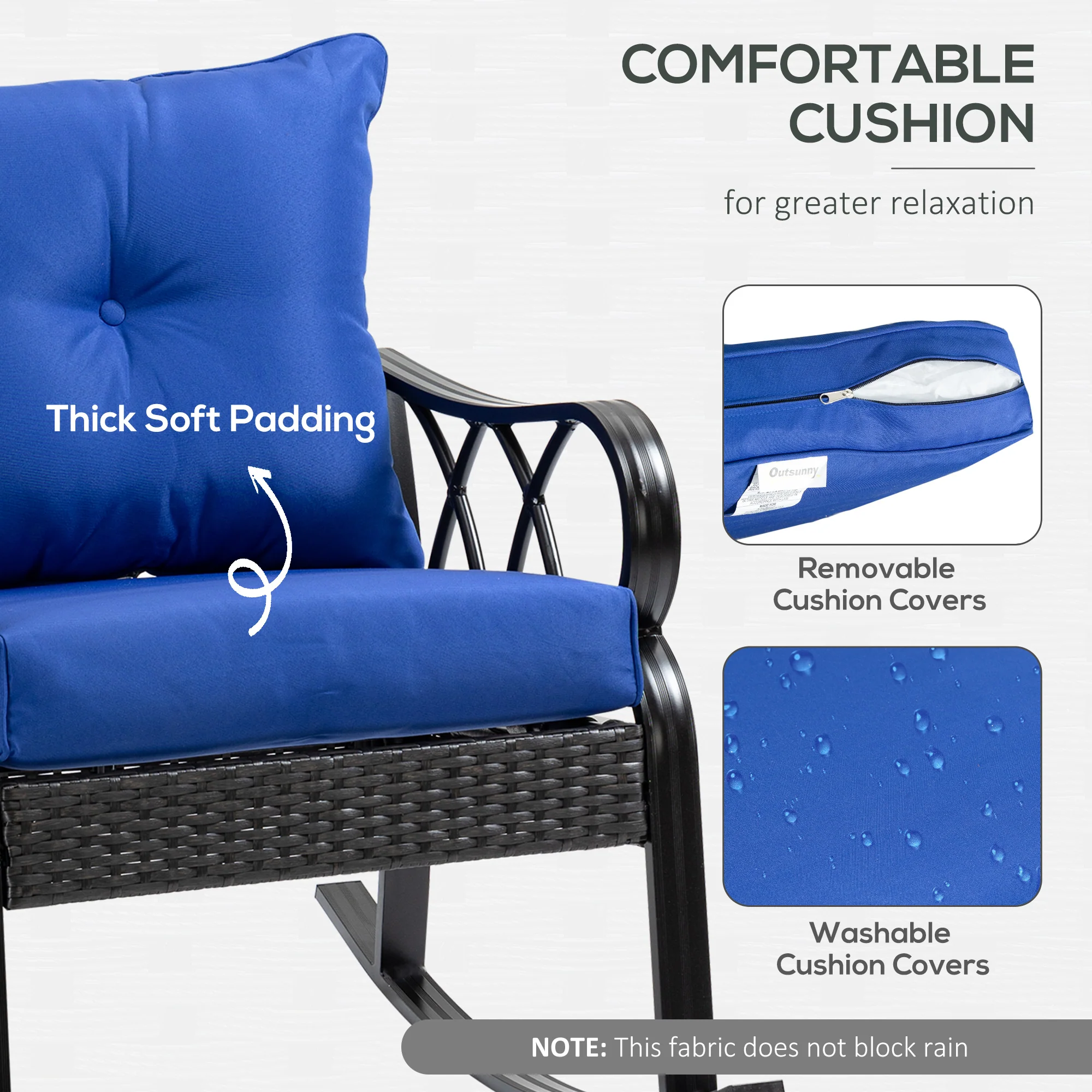 Patio Wicker Rocking Chairs with Removable Cushions, Outdoor Rattan Rockers, Blue - Image 7