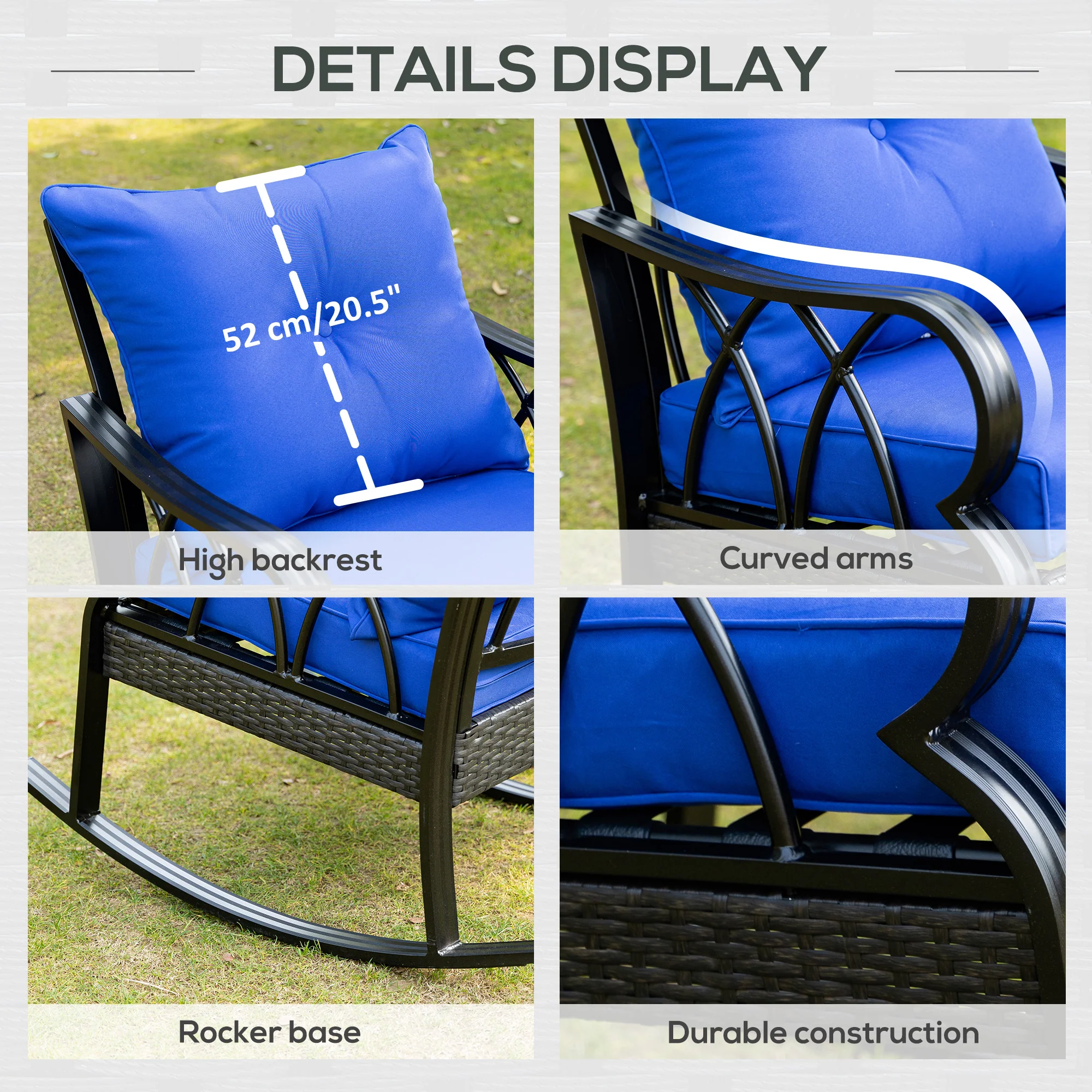 Patio Wicker Rocking Chairs with Removable Cushions, Outdoor Rattan Rockers, Blue - Image 8
