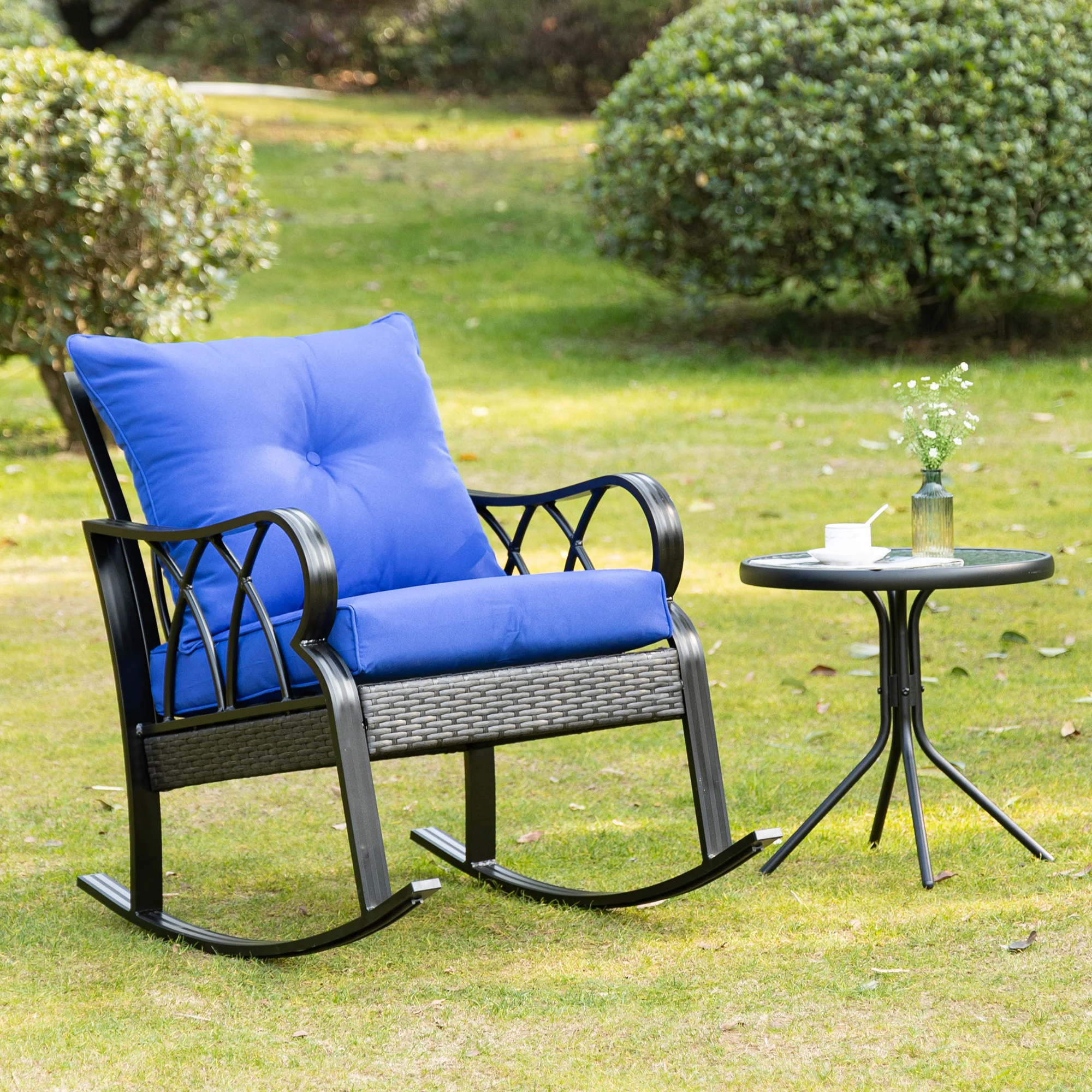 Patio Wicker Rocking Chairs with Removable Cushions, Outdoor Rattan Rockers, Blue - Image 9