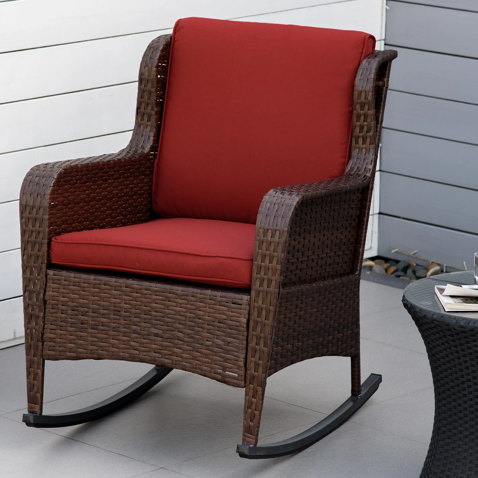 Outdoor Rockers with Wide Seat, Thick Cushions, Rattan Rockers with Steel Frame, Wine Red - Image 4