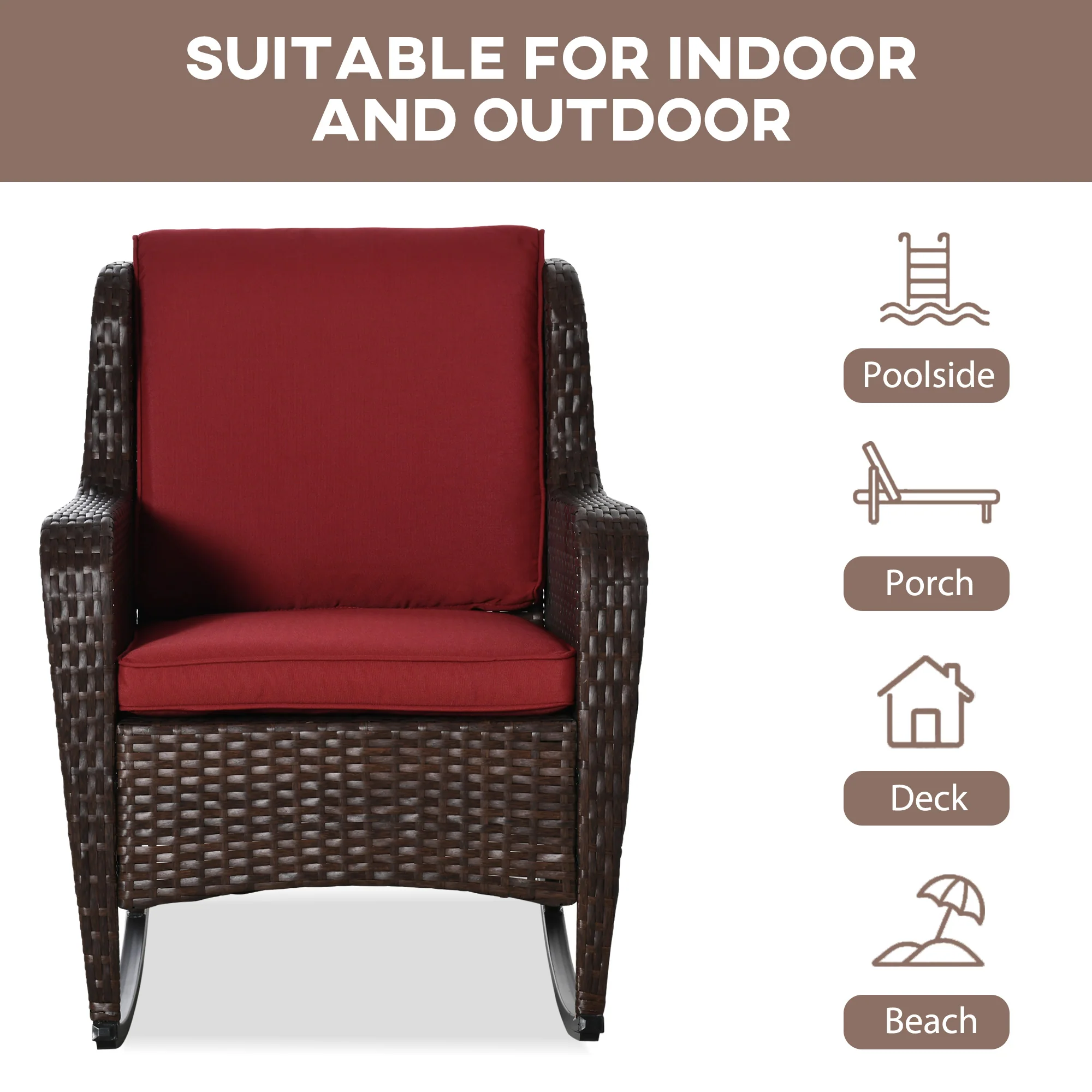 Outdoor Rockers with Wide Seat, Thick Cushions, Rattan Rockers with Steel Frame, Wine Red - Image 9