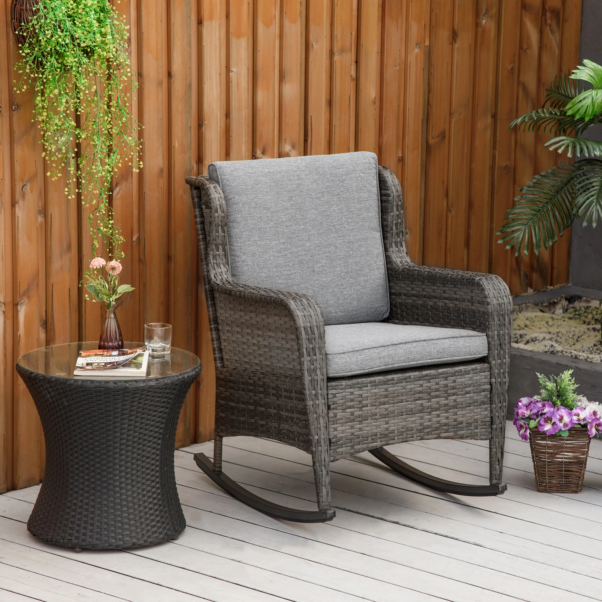 Outdoor Rockers with Wide Seat, Thick Cushions, Rattan Rockers with Steel Frame, Dark Gray - Image 3