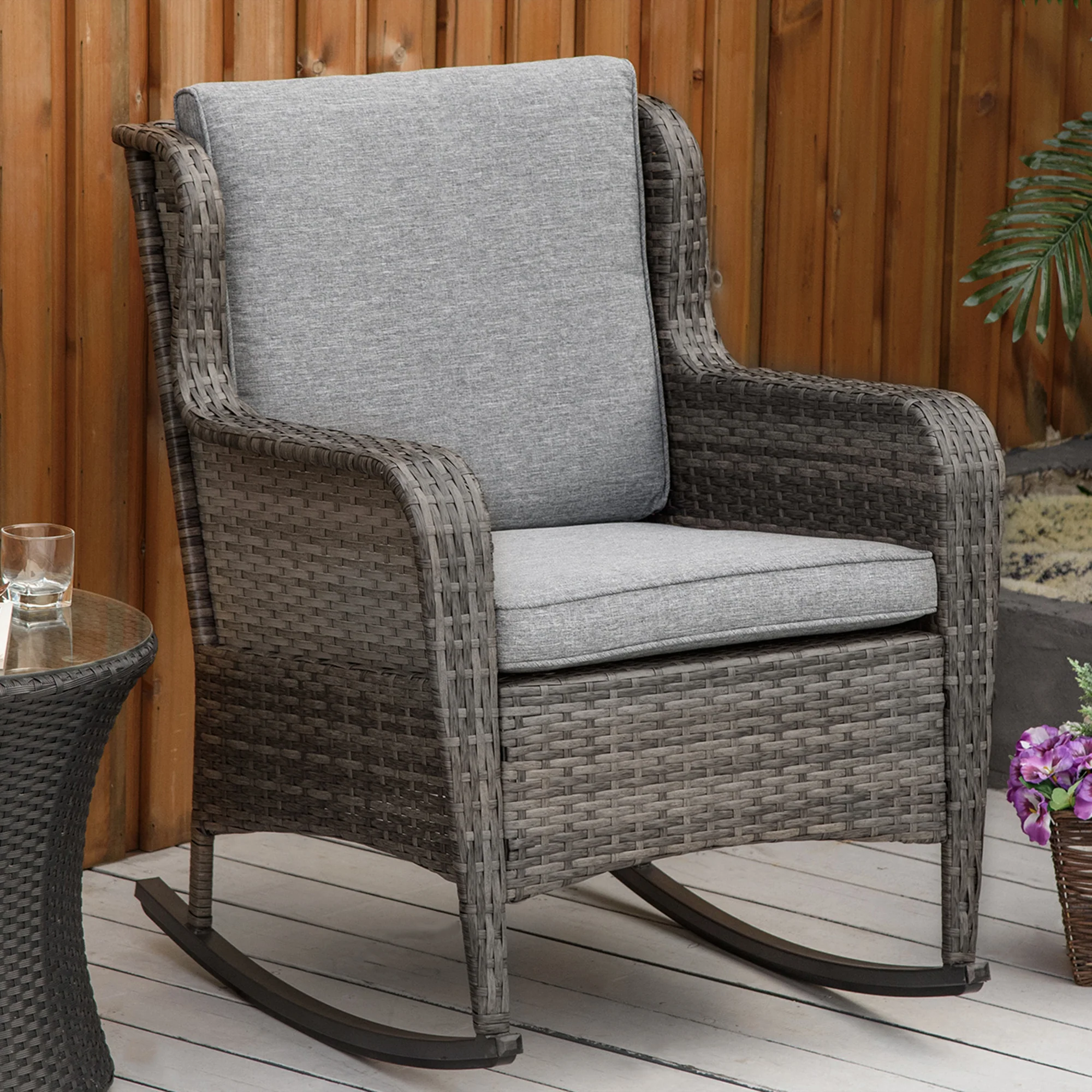 Outdoor Rockers with Wide Seat, Thick Cushions, Rattan Rockers with Steel Frame, Dark Gray - Image 4