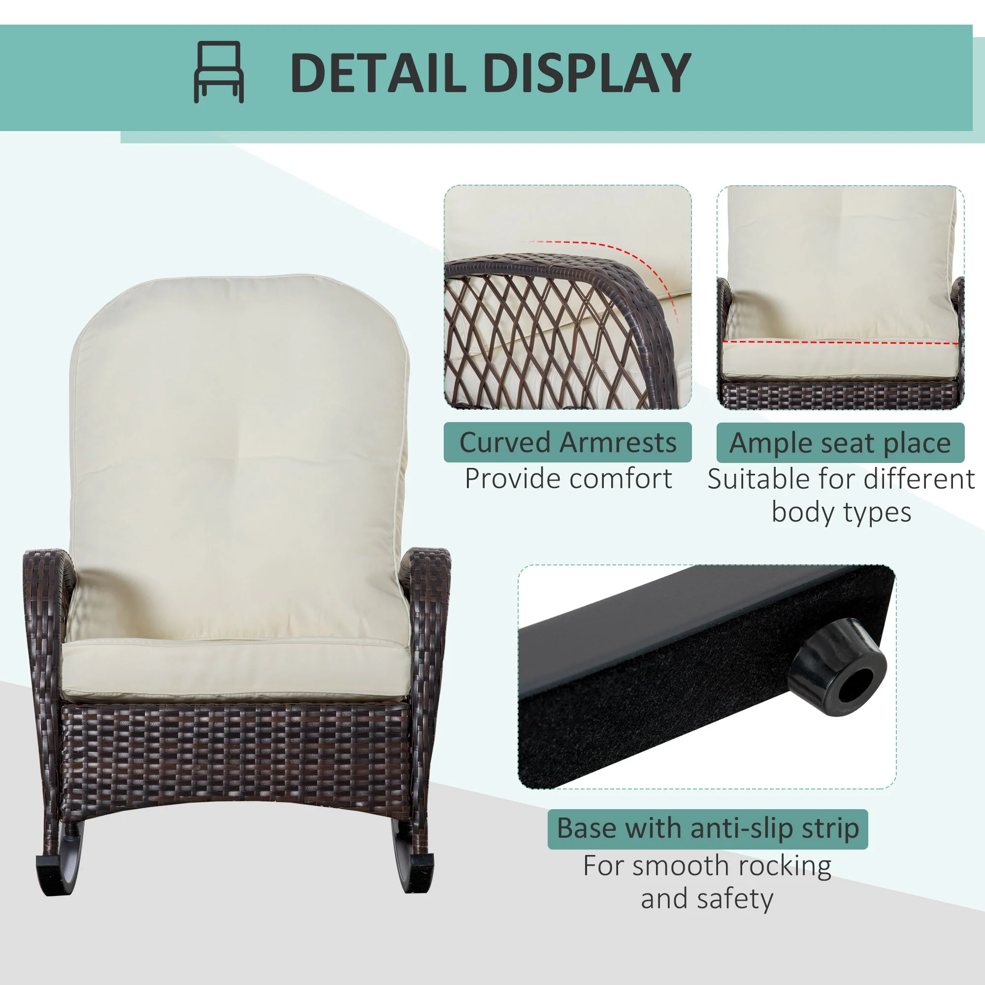 Rattan Rocking Chair with Thickened Cushion, Outdoor Rocker for Patio, Garden, Cream White - Image 8
