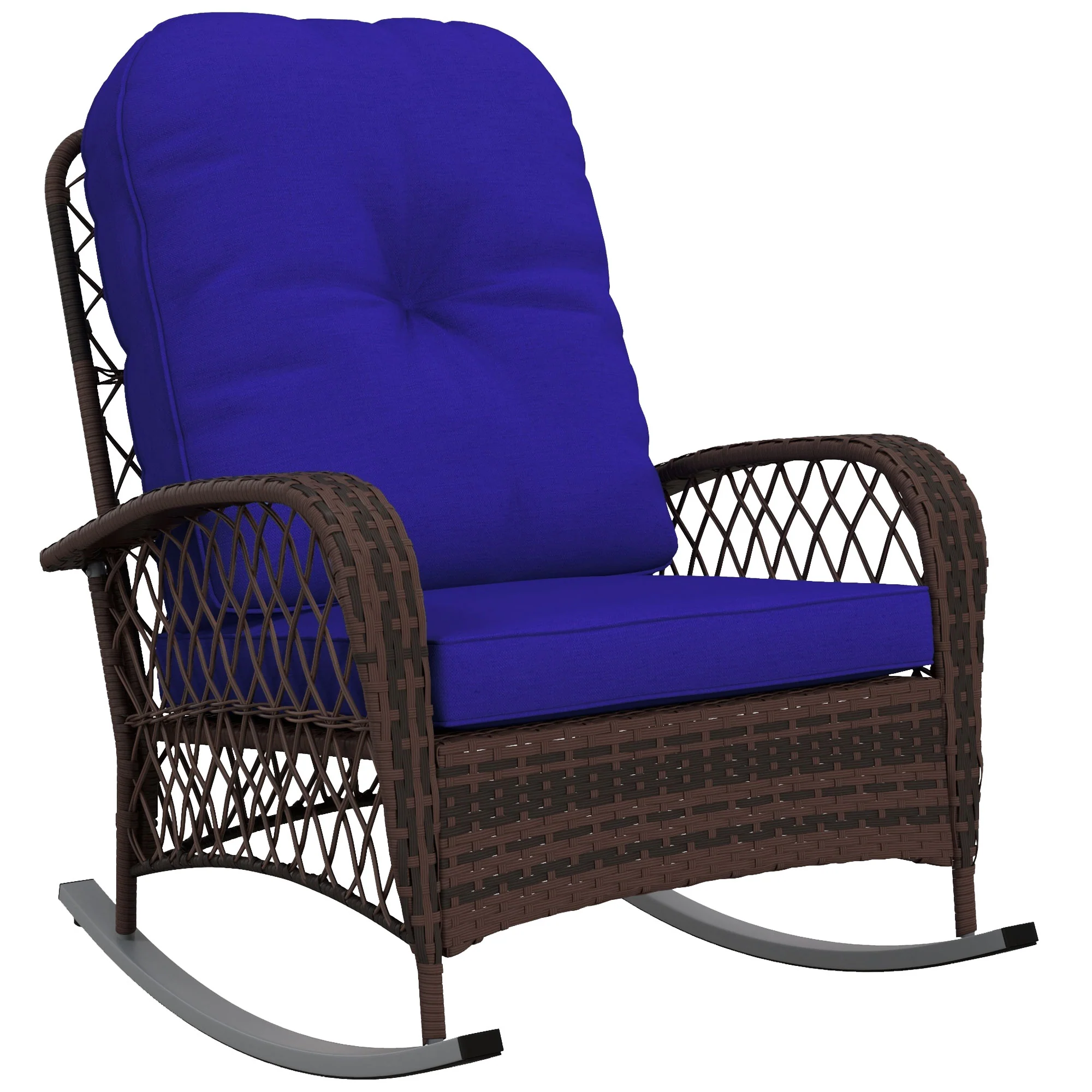 Rattan Rocking Chair with Thickened Cushion, Outdoor Rocker for Patio, Garden, Dark Blue - Image 12