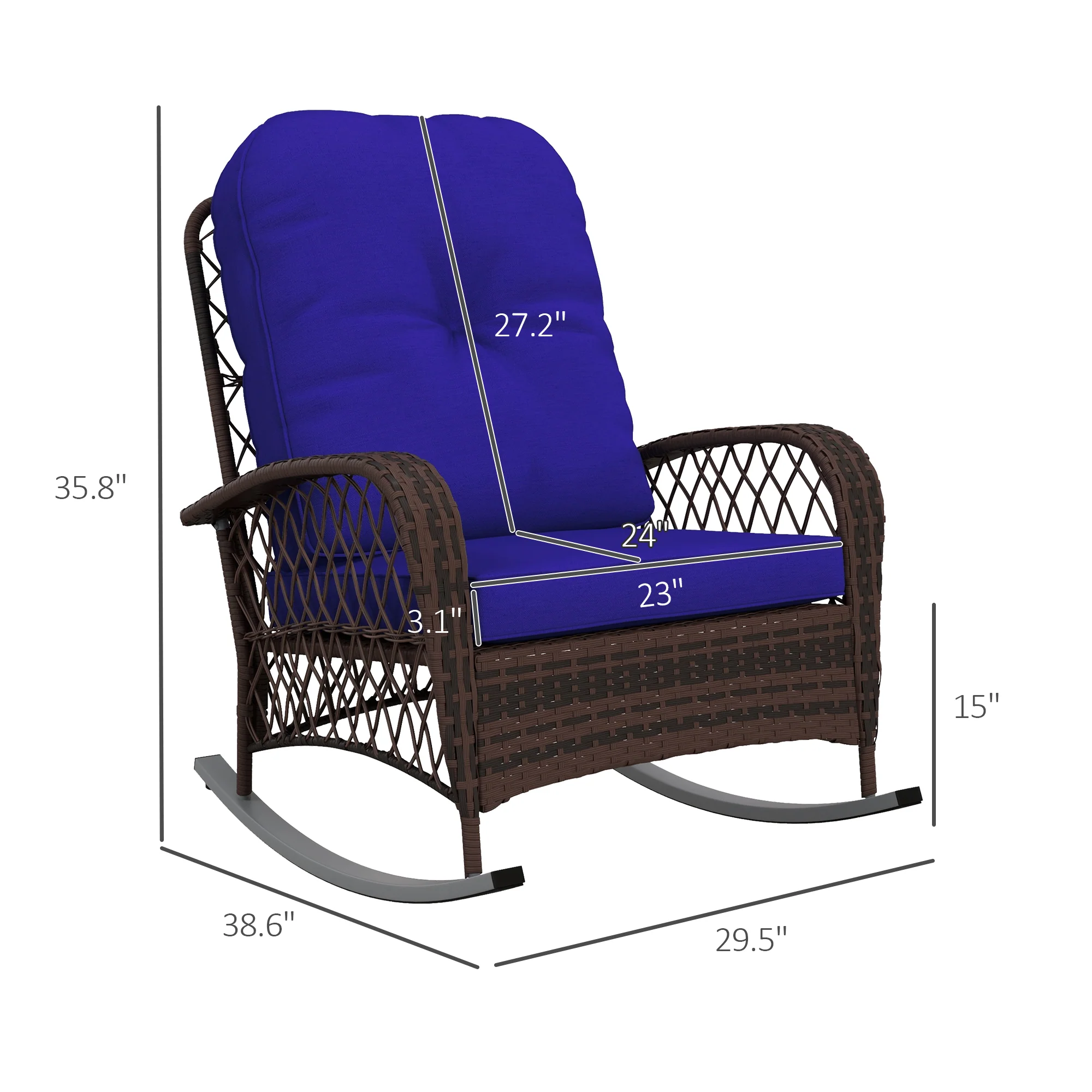 Rattan Rocking Chair with Thickened Cushion, Outdoor Rocker for Patio, Garden, Dark Blue - Image 5