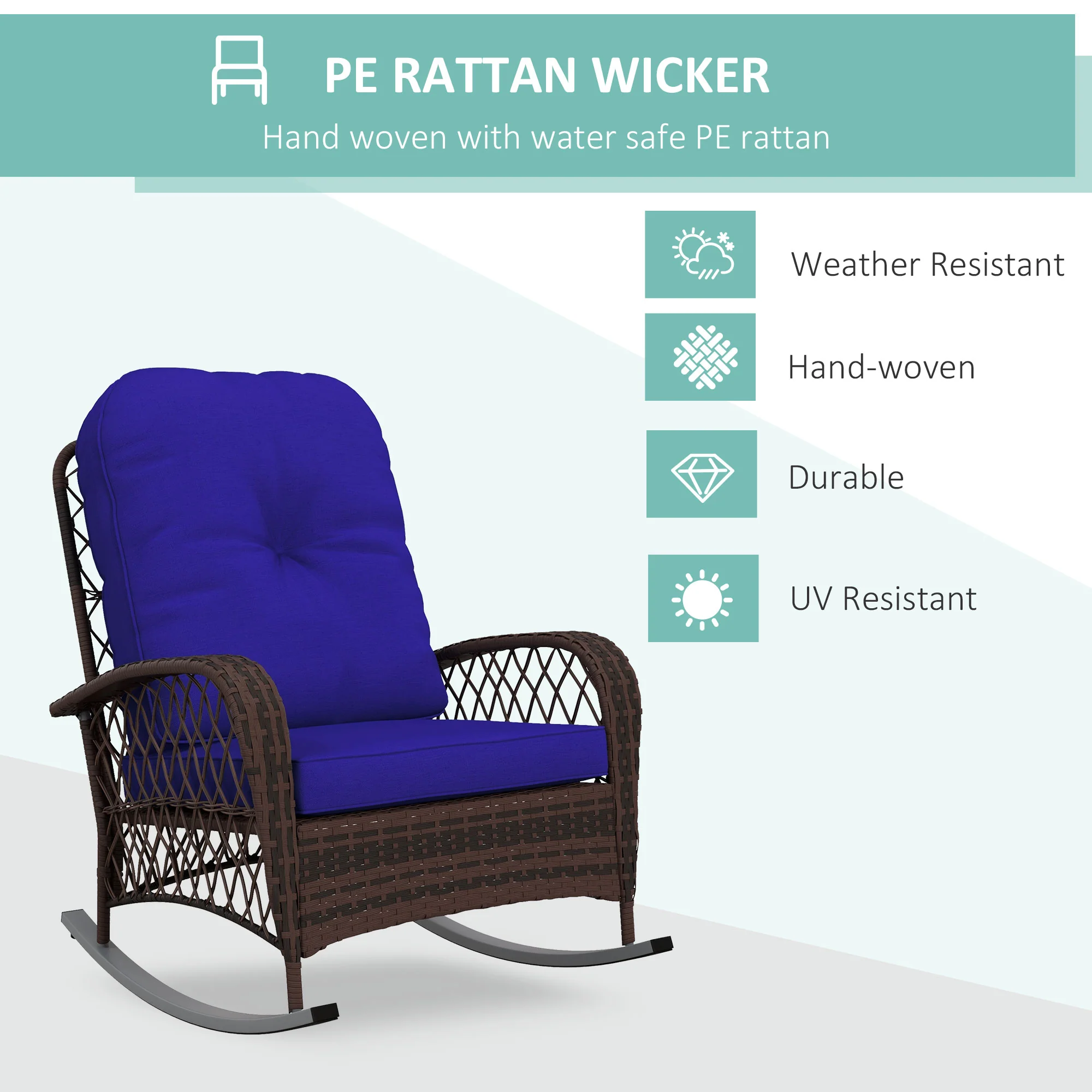 Rattan Rocking Chair with Thickened Cushion, Outdoor Rocker for Patio, Garden, Dark Blue - Image 6