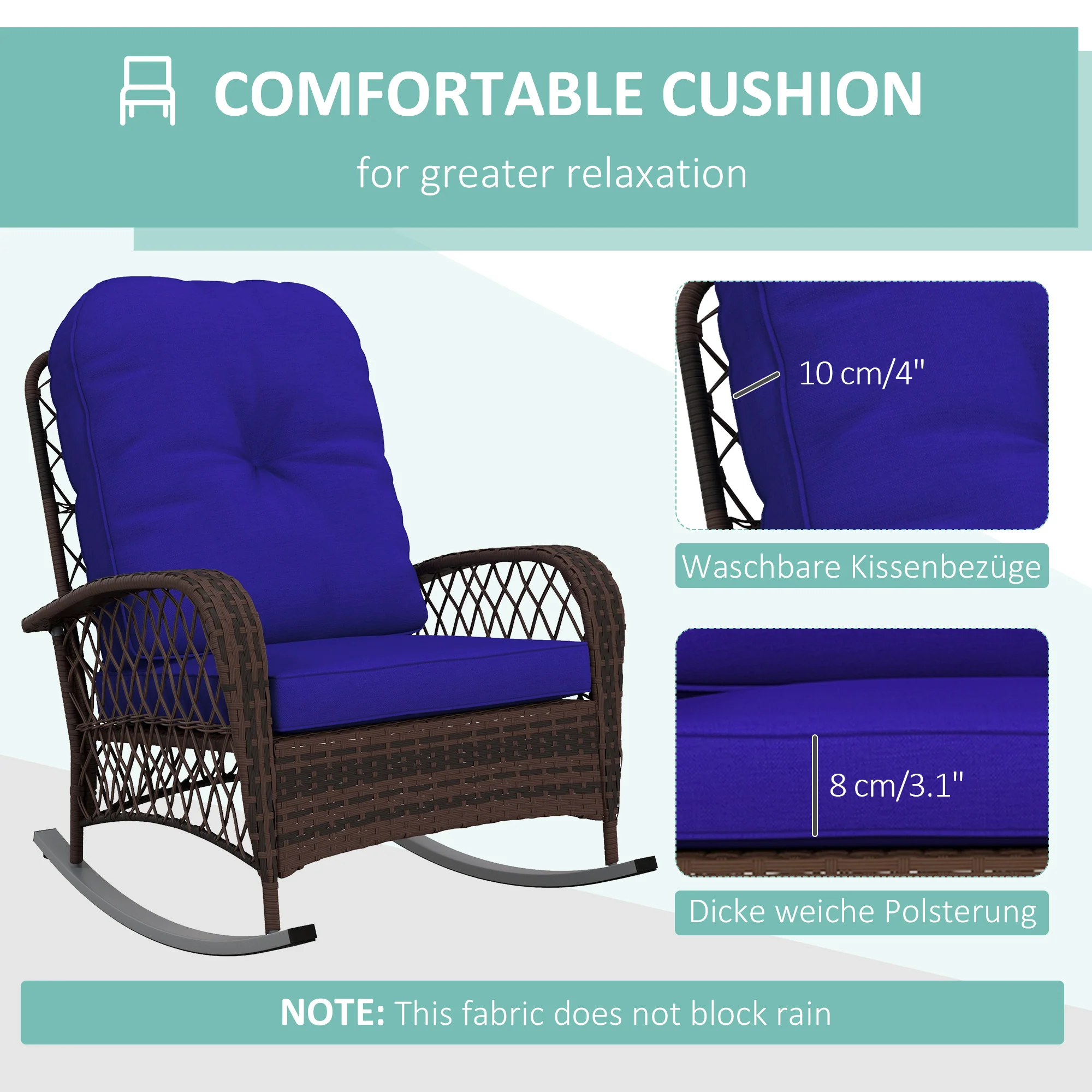 Rattan Rocking Chair with Thickened Cushion, Outdoor Rocker for Patio, Garden, Dark Blue - Image 7