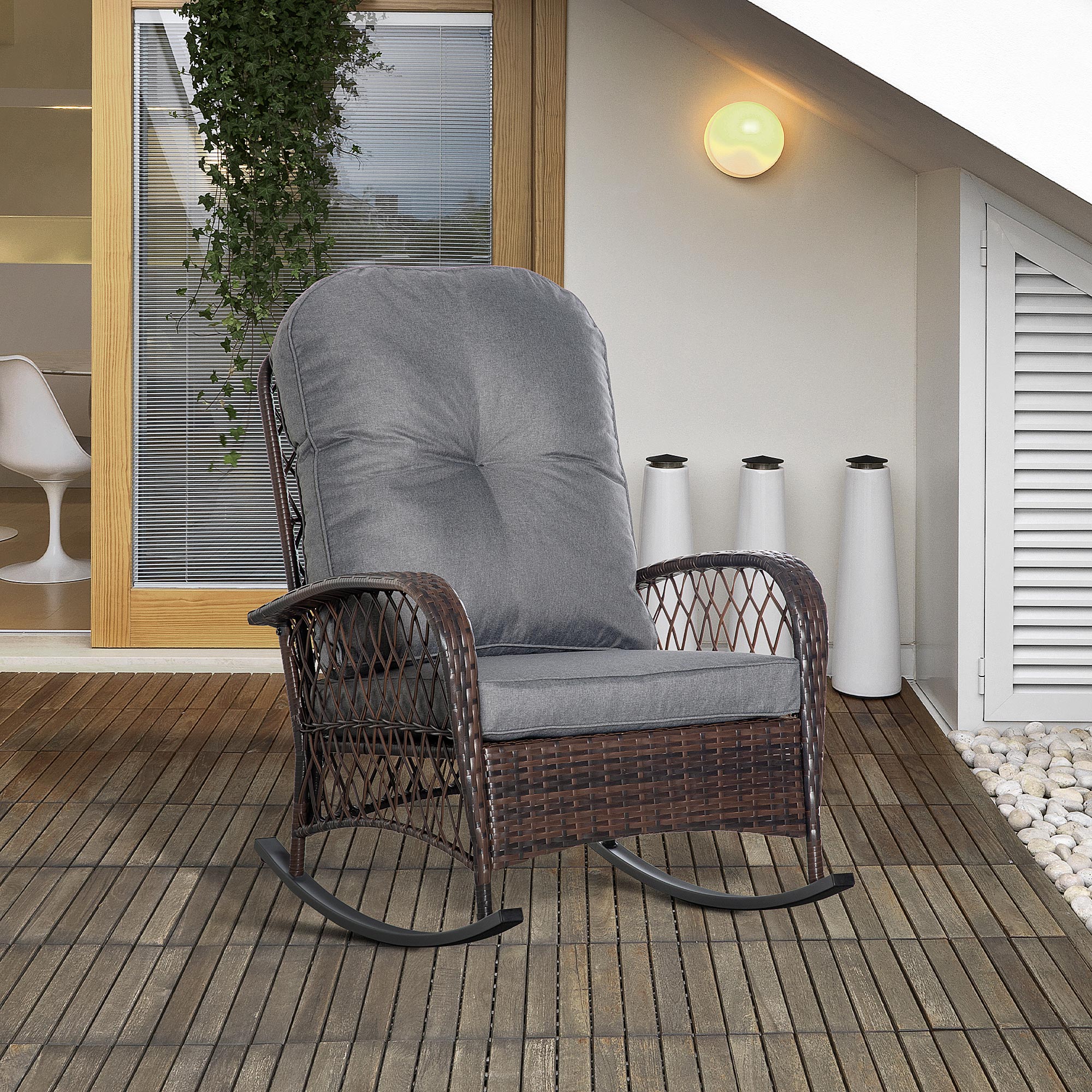Rattan Rocking Chair with Thickened Cushion, Outdoor Rocker for Patio, Garden, Backyard, Gray - Image 3