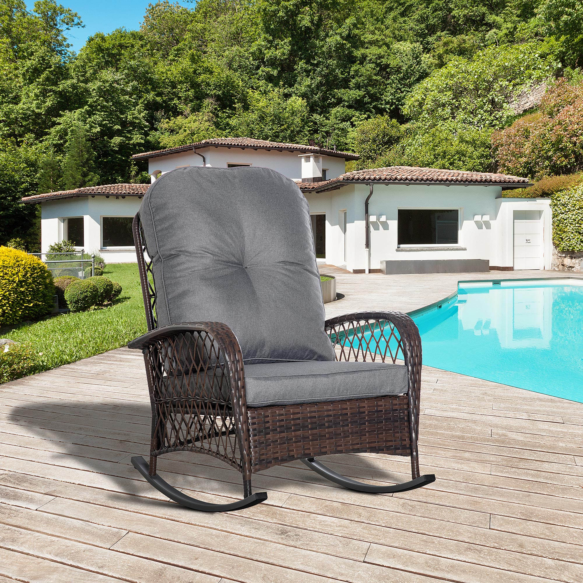 Rattan Rocking Chair with Thickened Cushion, Outdoor Rocker for Patio, Garden, Backyard, Gray - Image 4
