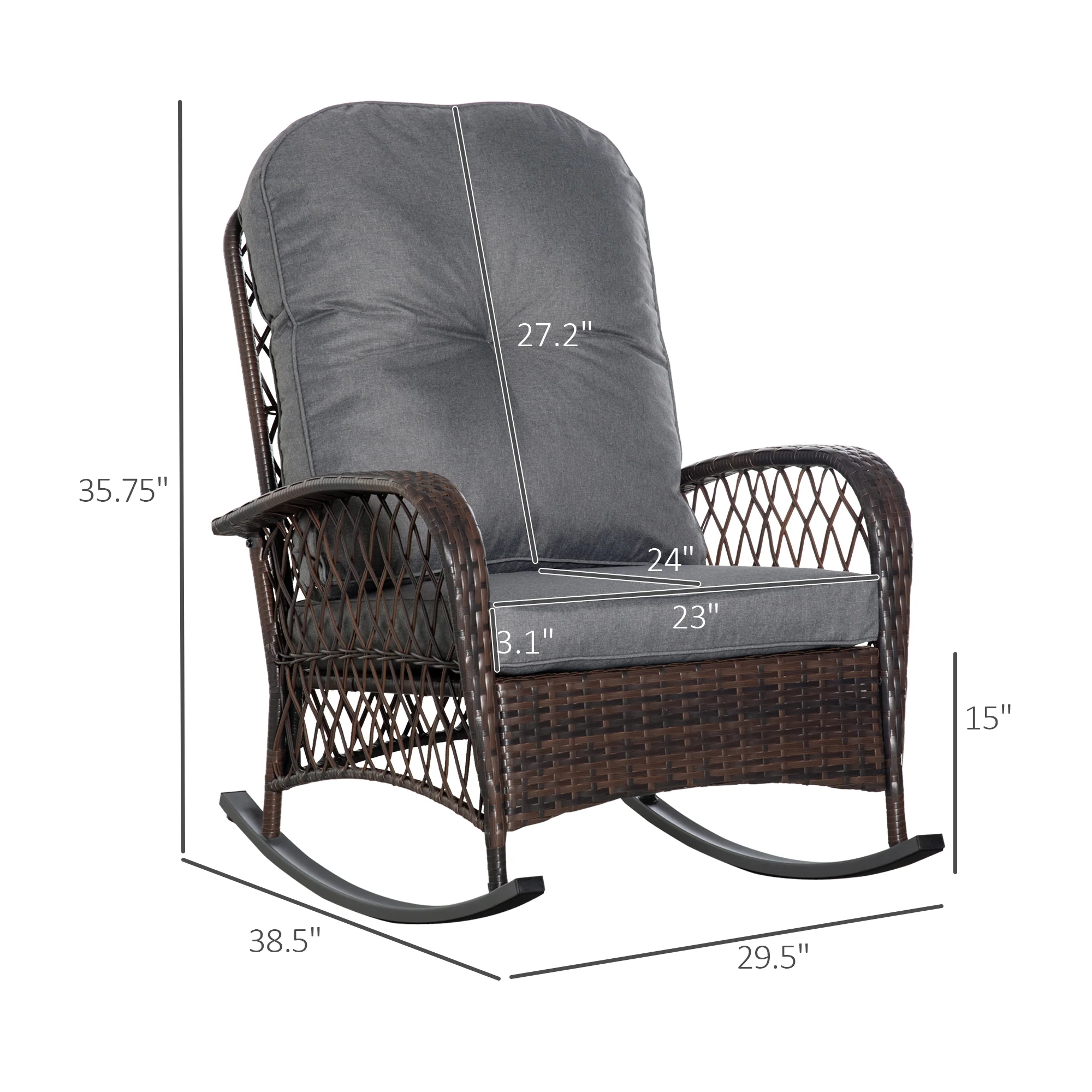 Rattan Rocking Chair with Thickened Cushion, Outdoor Rocker for Patio, Garden, Backyard, Gray - Image 5