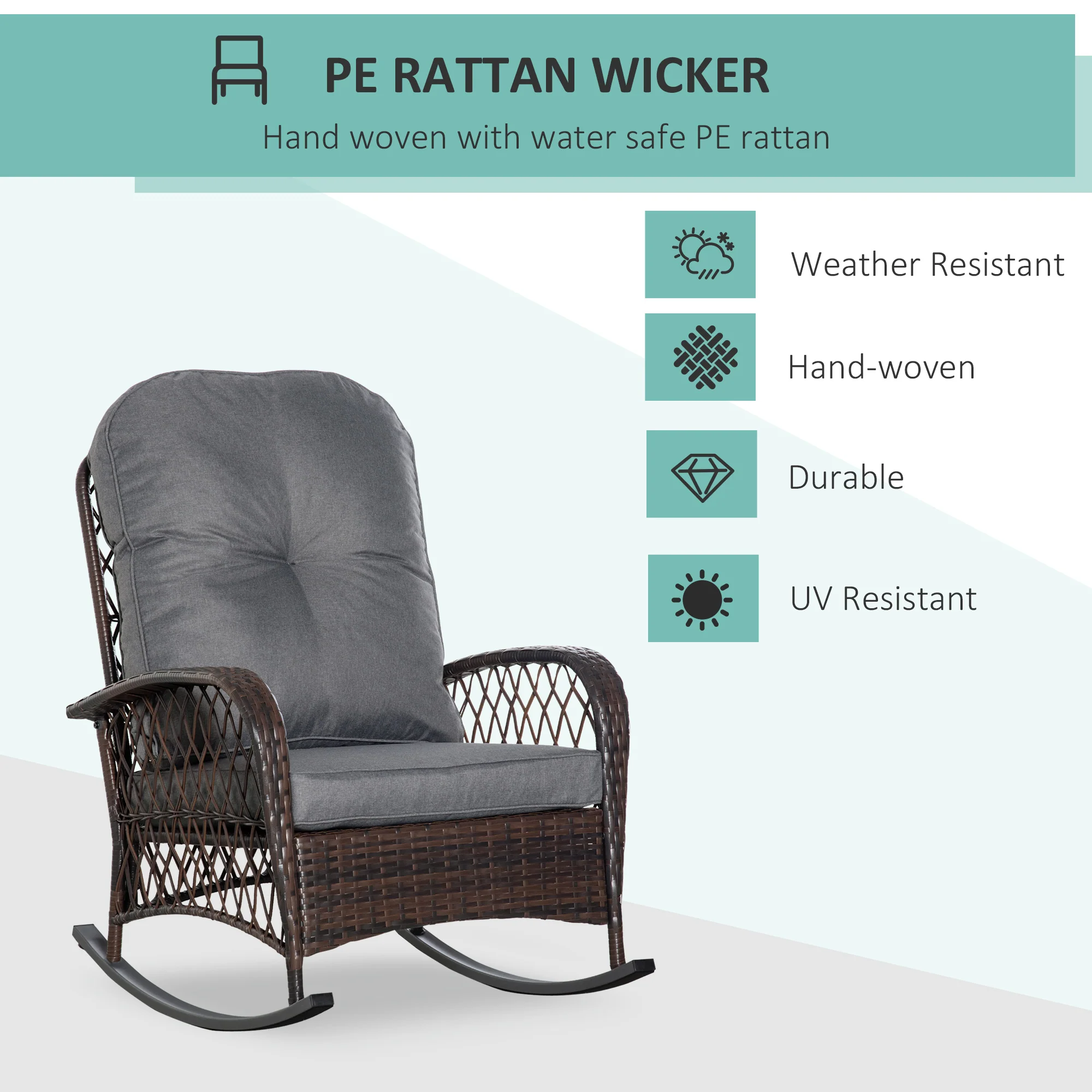 Rattan Rocking Chair with Thickened Cushion, Outdoor Rocker for Patio, Garden, Backyard, Gray - Image 6