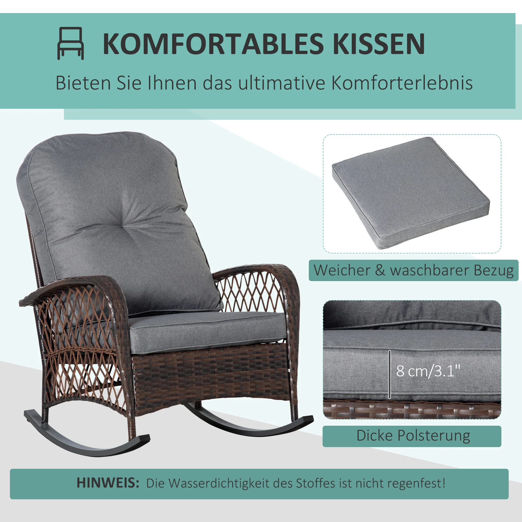 Rattan Rocking Chair with Thickened Cushion, Outdoor Rocker for Patio, Garden, Backyard, Gray - Image 7