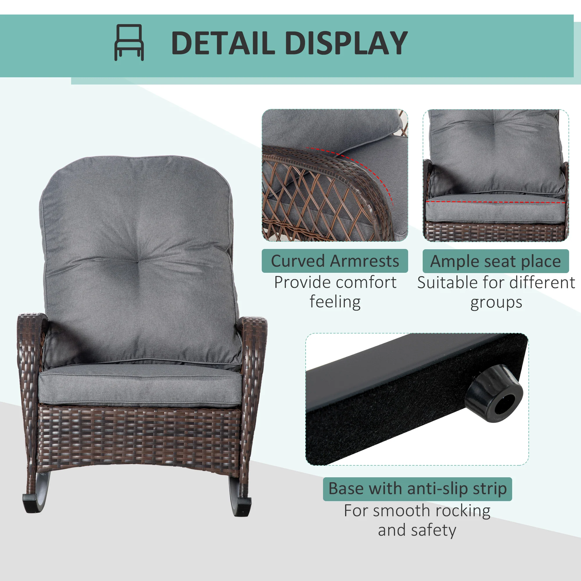 Rattan Rocking Chair with Thickened Cushion, Outdoor Rocker for Patio, Garden, Backyard, Gray - Image 8