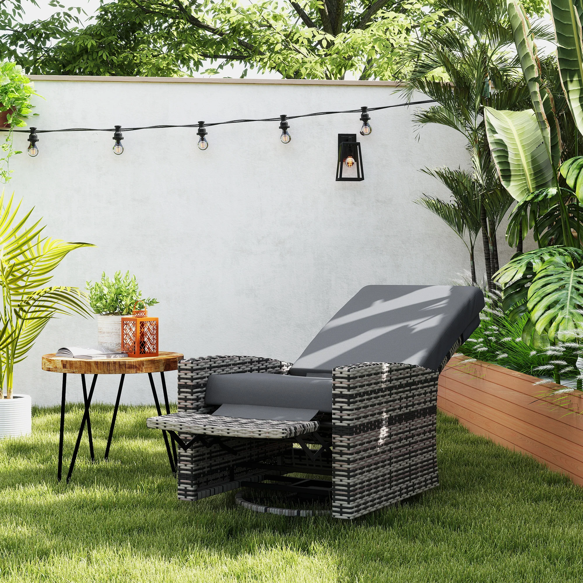 Wicker Swivel Reclining Garden Chair with Lifting Footrest, Water-Resistant Cushions, Gray - Image 3