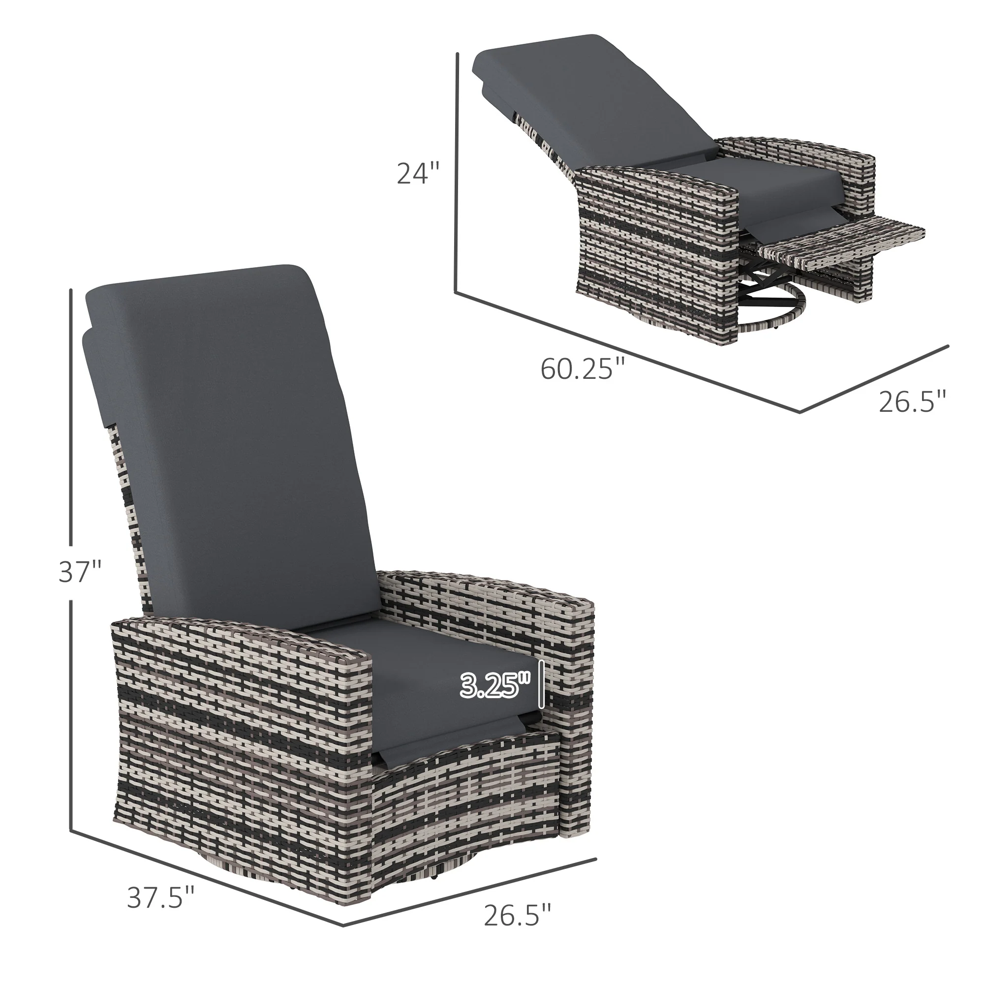 Wicker Swivel Reclining Garden Chair with Lifting Footrest, Water-Resistant Cushions, Gray - Image 5