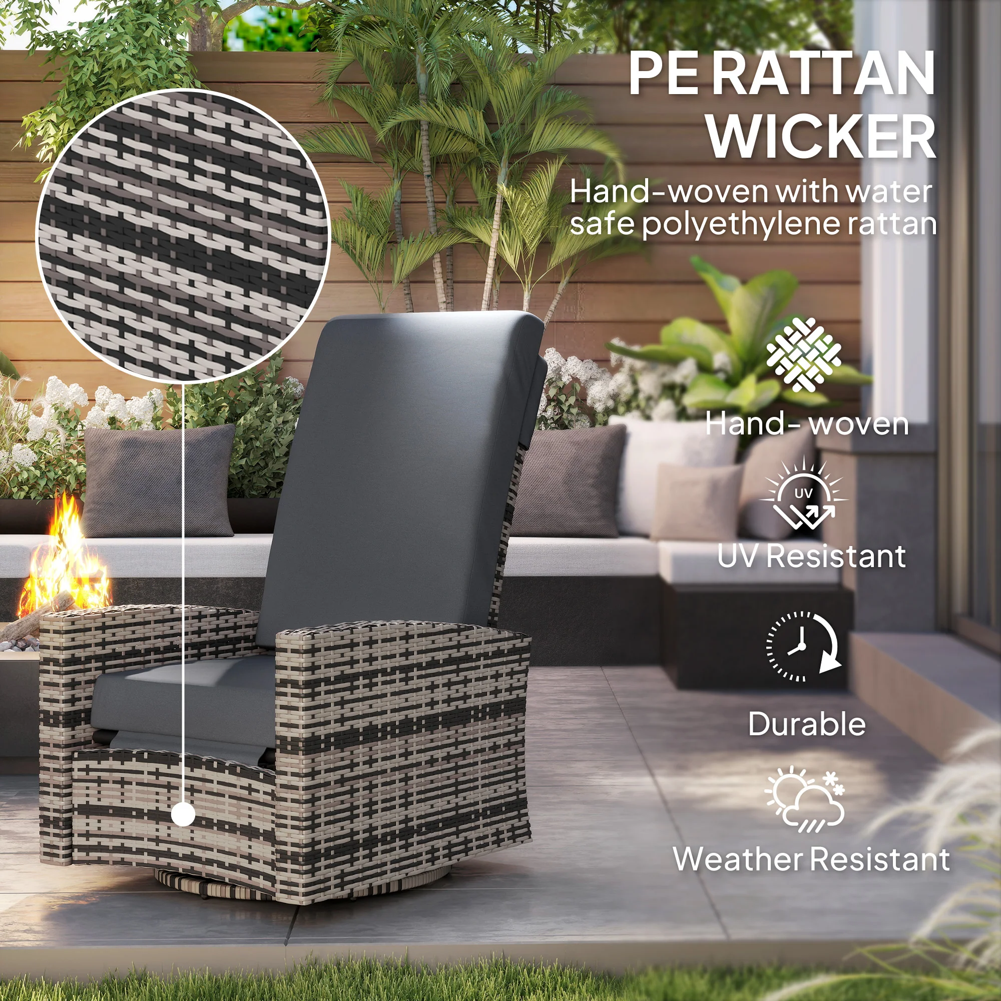 Wicker Swivel Reclining Garden Chair with Lifting Footrest, Water-Resistant Cushions, Gray - Image 6