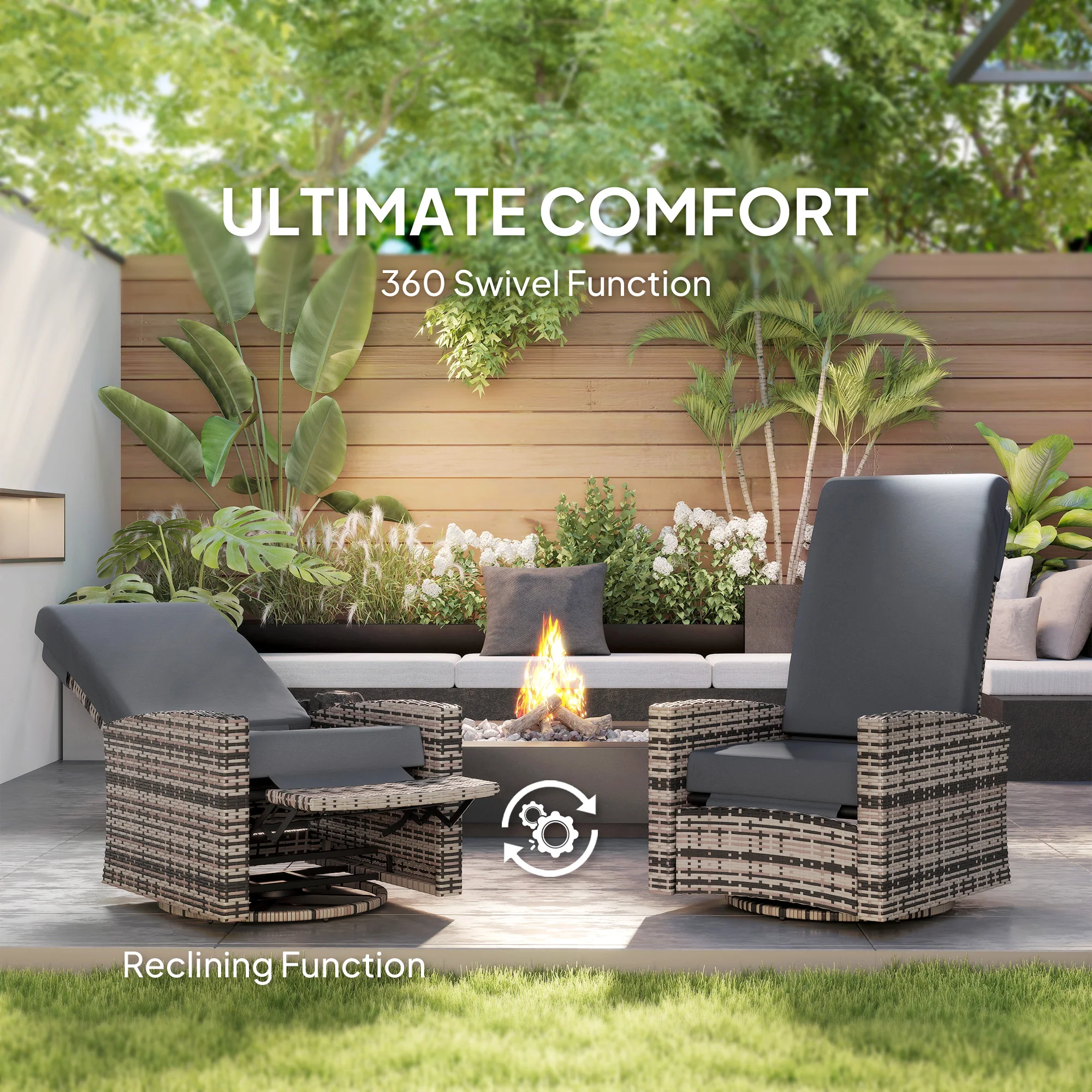 Wicker Swivel Reclining Garden Chair with Lifting Footrest, Water-Resistant Cushions, Gray - Image 7