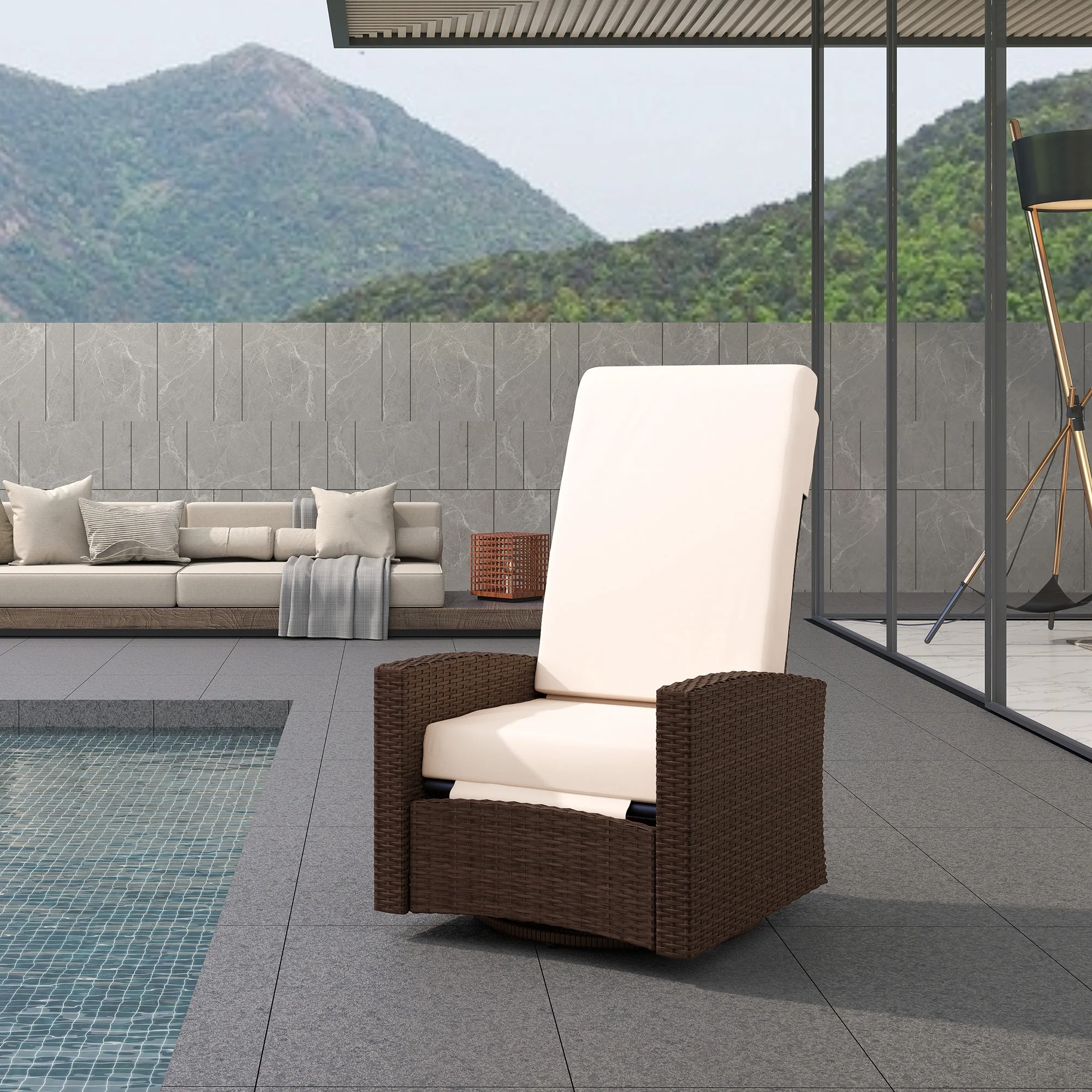 Wicker Swivel Reclining Garden Chair with Lifting Footrest, Water-Resistant Cushions, Cream White - Image 10