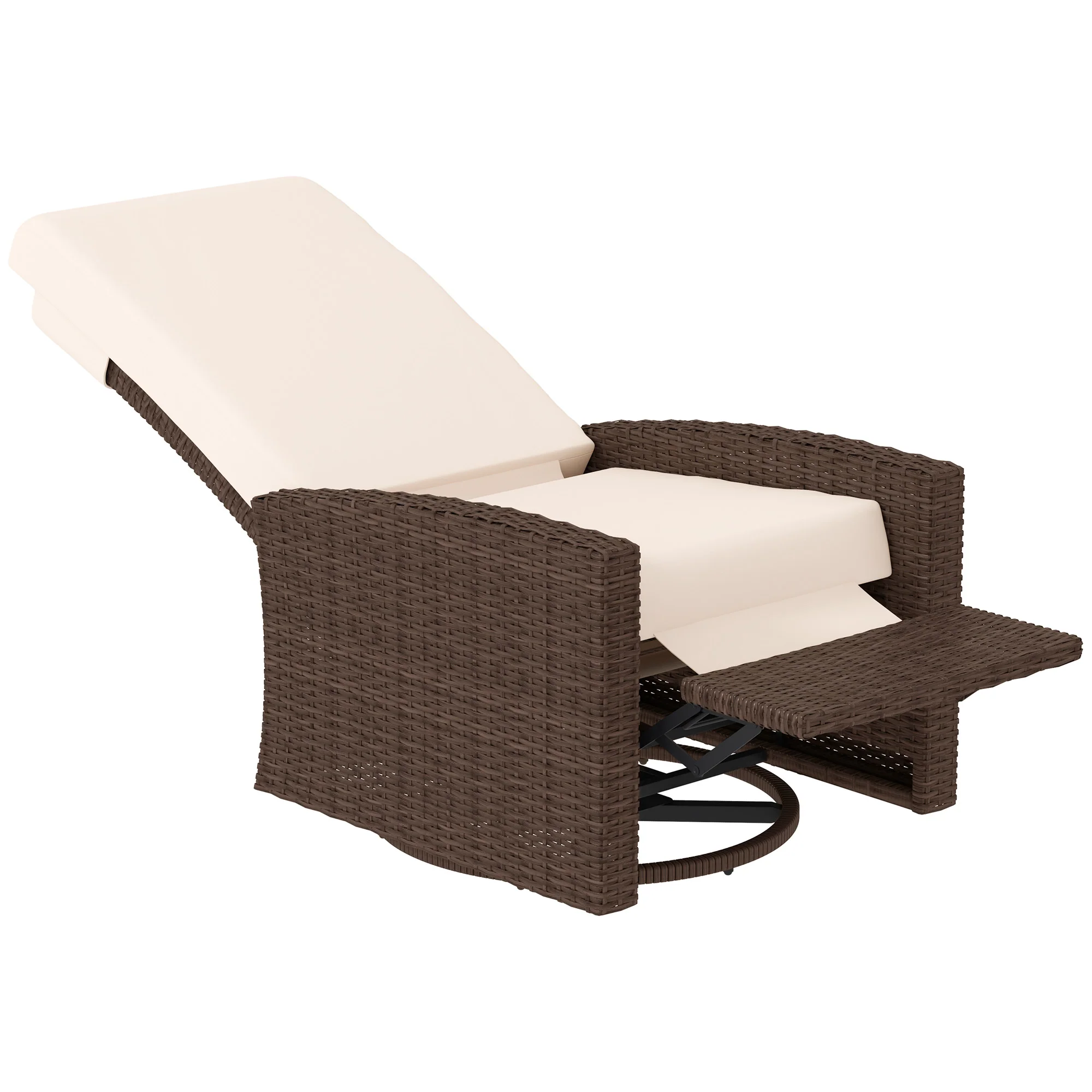 Wicker Swivel Reclining Garden Chair with Lifting Footrest, Water-Resistant Cushions, Cream White - Image 12