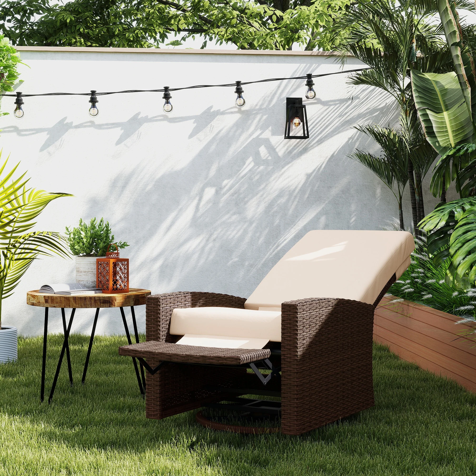 Wicker Swivel Reclining Garden Chair with Lifting Footrest, Water-Resistant Cushions, Cream White - Image 3