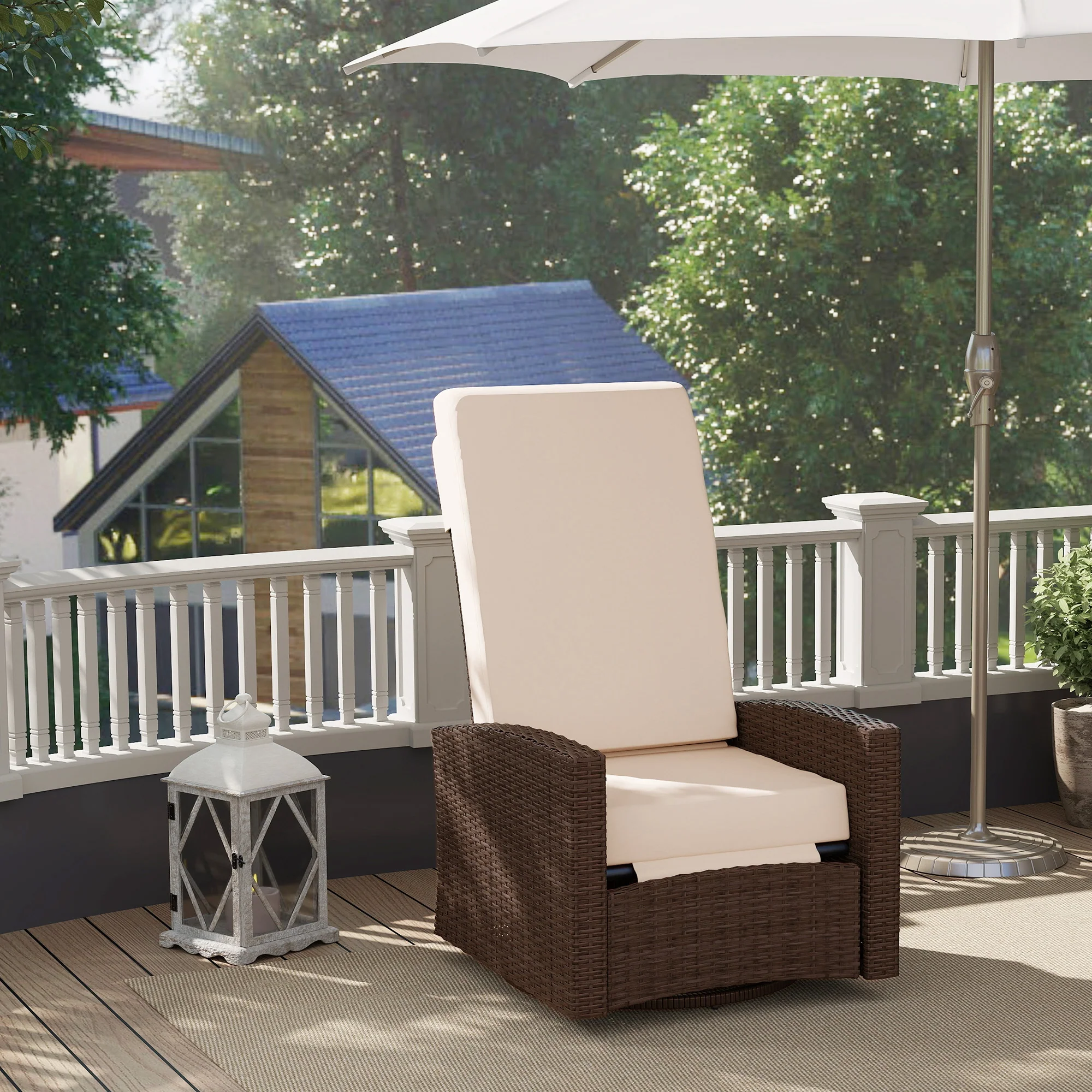 Wicker Swivel Reclining Garden Chair with Lifting Footrest, Water-Resistant Cushions, Cream White - Image 4