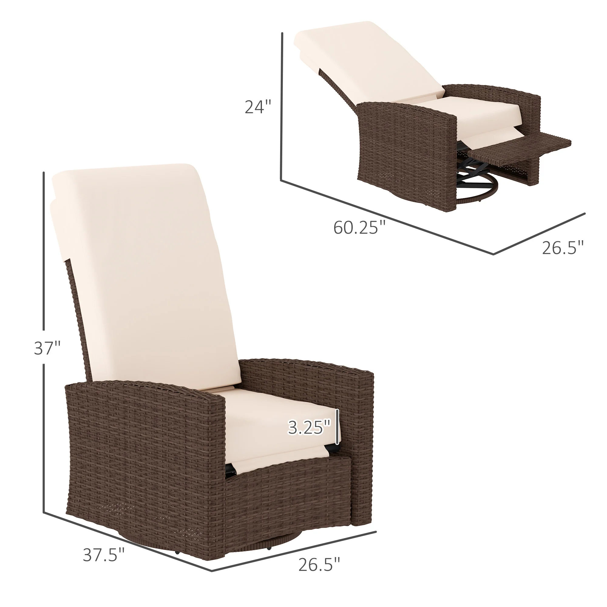 Wicker Swivel Reclining Garden Chair with Lifting Footrest, Water-Resistant Cushions, Cream White - Image 5