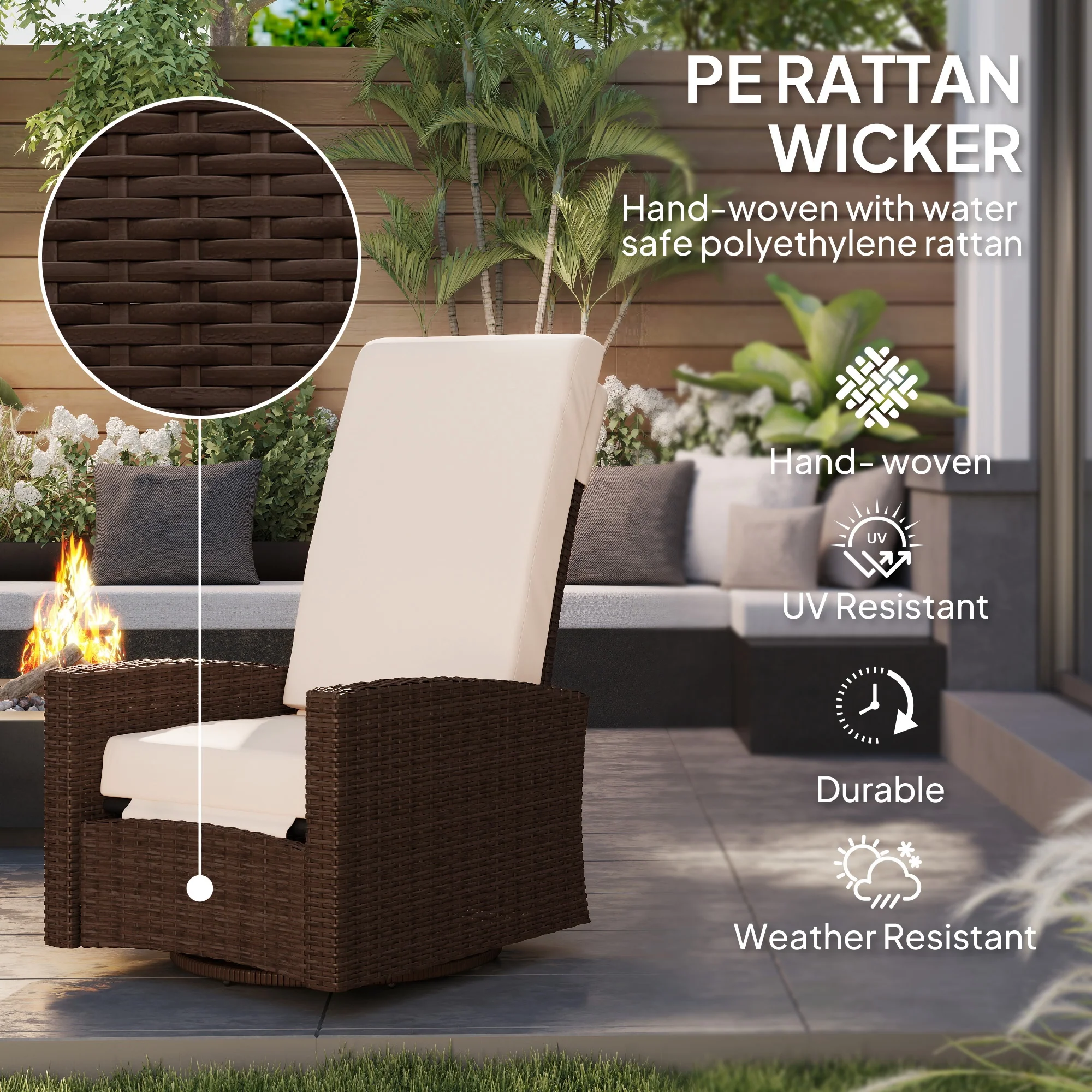 Wicker Swivel Reclining Garden Chair with Lifting Footrest, Water-Resistant Cushions, Cream White - Image 6