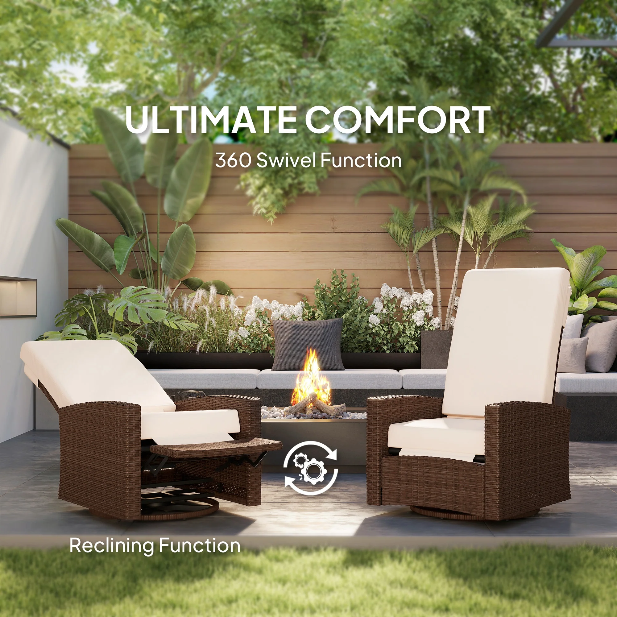 Wicker Swivel Reclining Garden Chair with Lifting Footrest, Water-Resistant Cushions, Cream White - Image 7