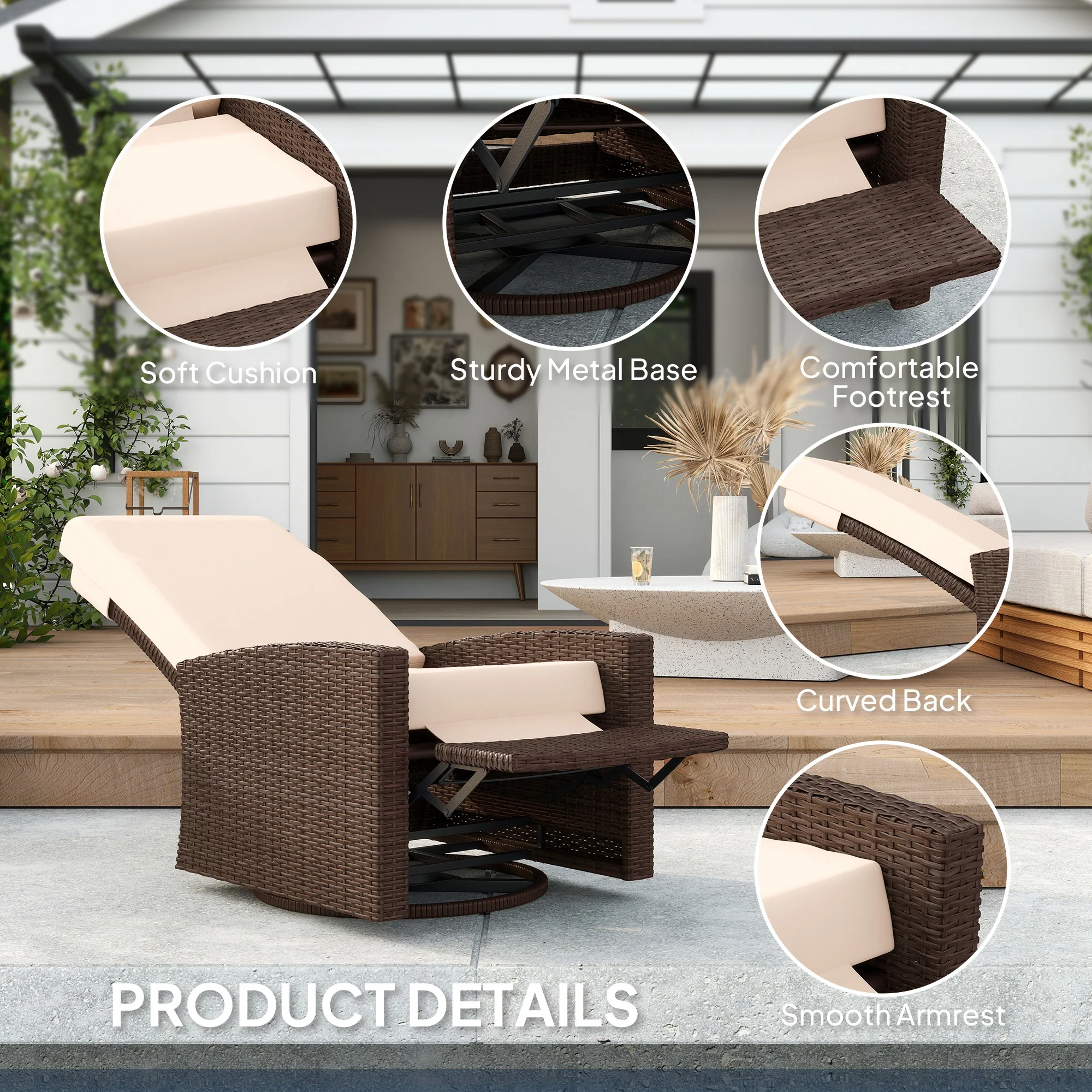 Wicker Swivel Reclining Garden Chair with Lifting Footrest, Water-Resistant Cushions, Cream White - Image 8