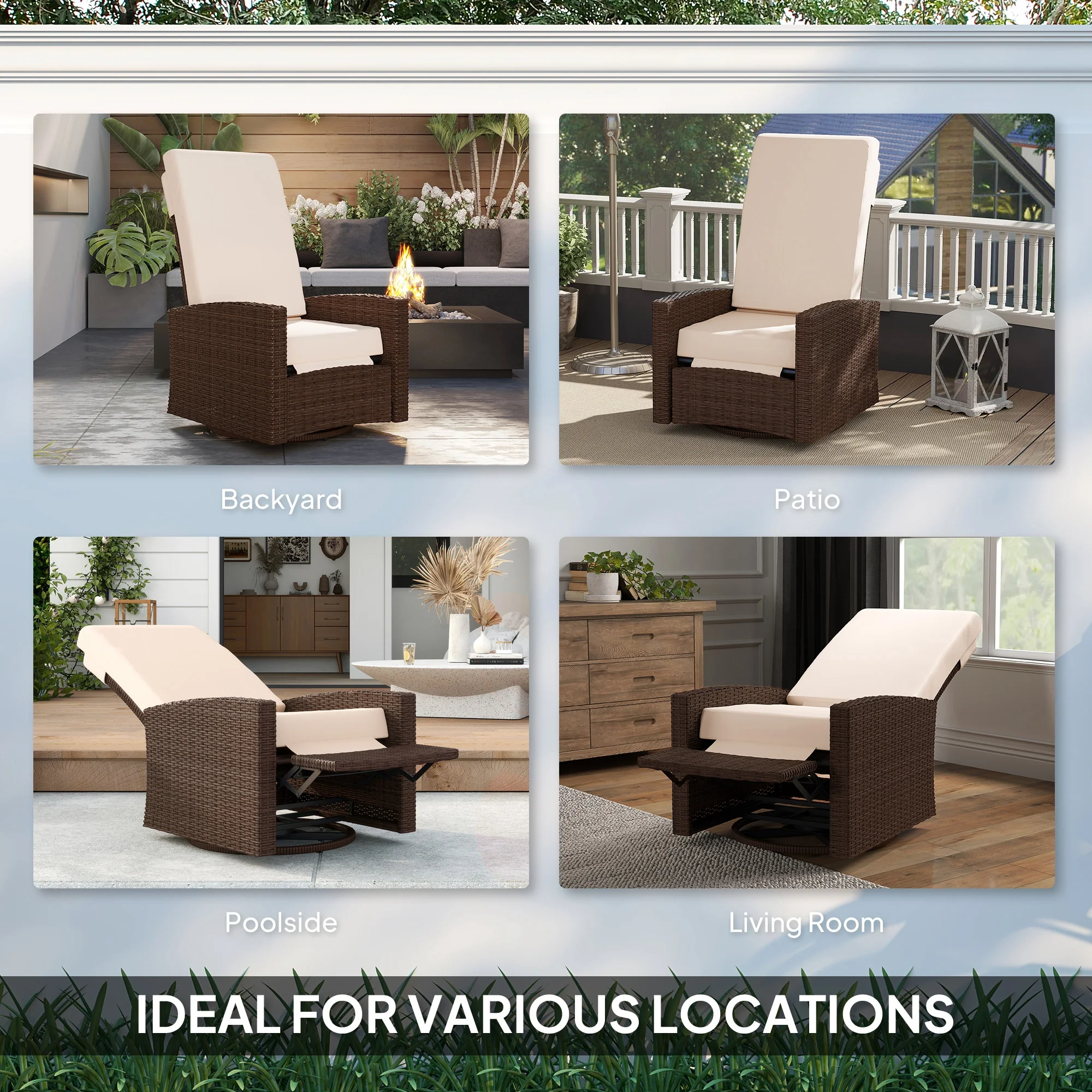 Wicker Swivel Reclining Garden Chair with Lifting Footrest, Water-Resistant Cushions, Cream White - Image 9