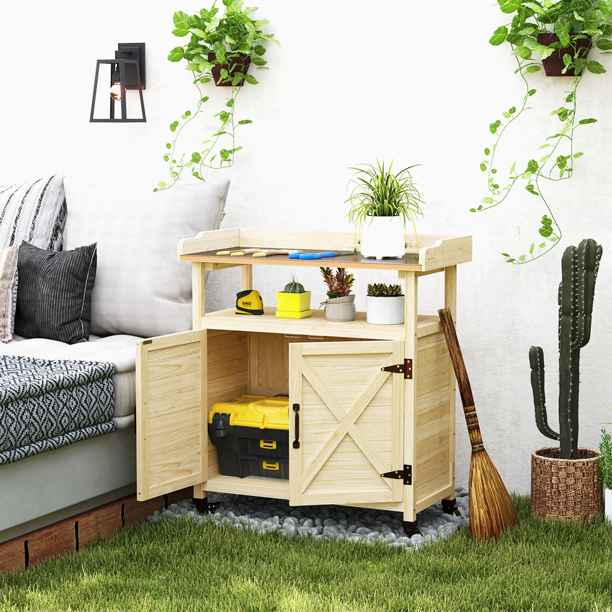 Wooden Potting Bench w/Sink and Water Tap,Storage Cabinet & Drawer Shelves, Natural Wood - Image 3