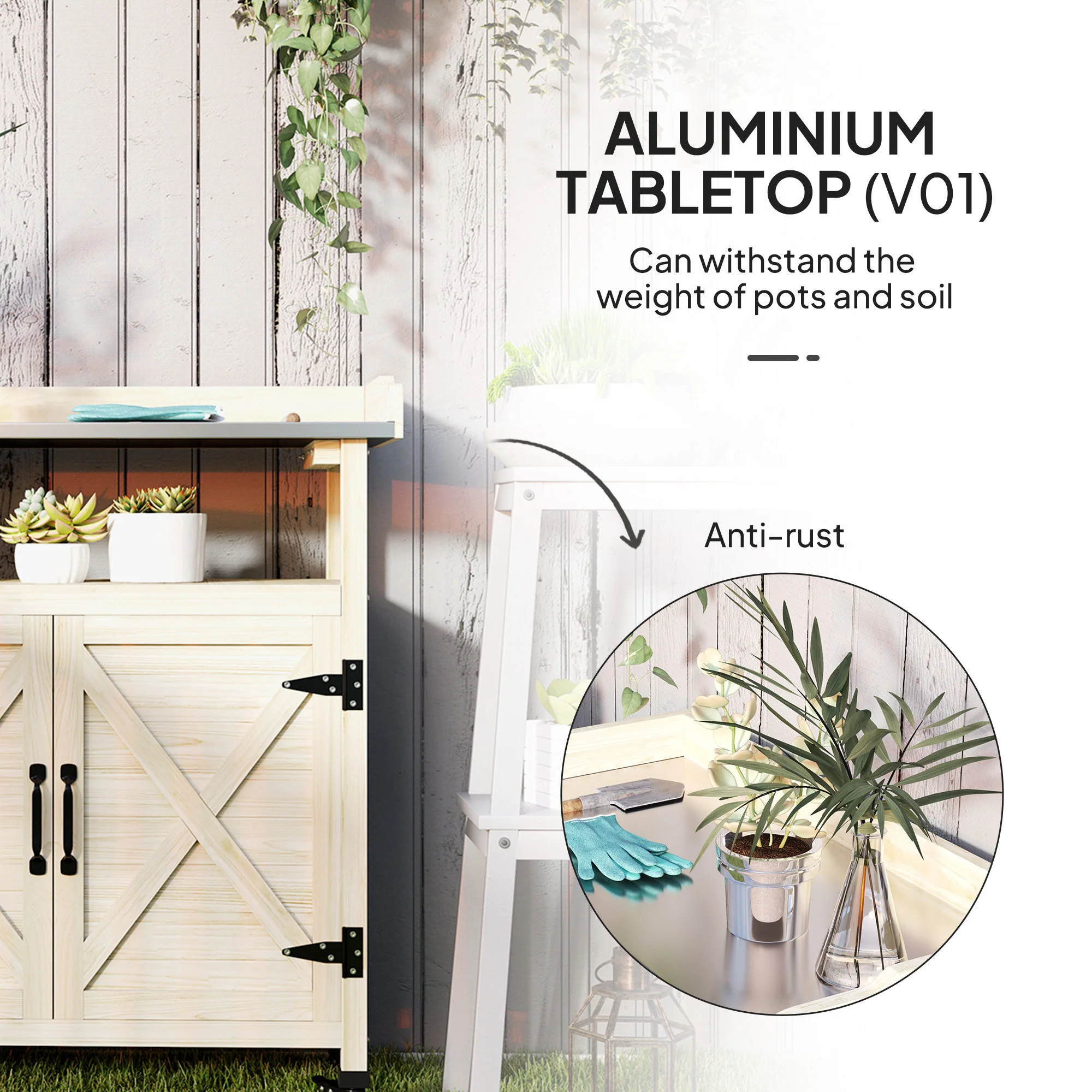 Wooden Potting Bench w/Sink and Water Tap,Storage Cabinet & Drawer Shelves, Natural Wood - Image 6