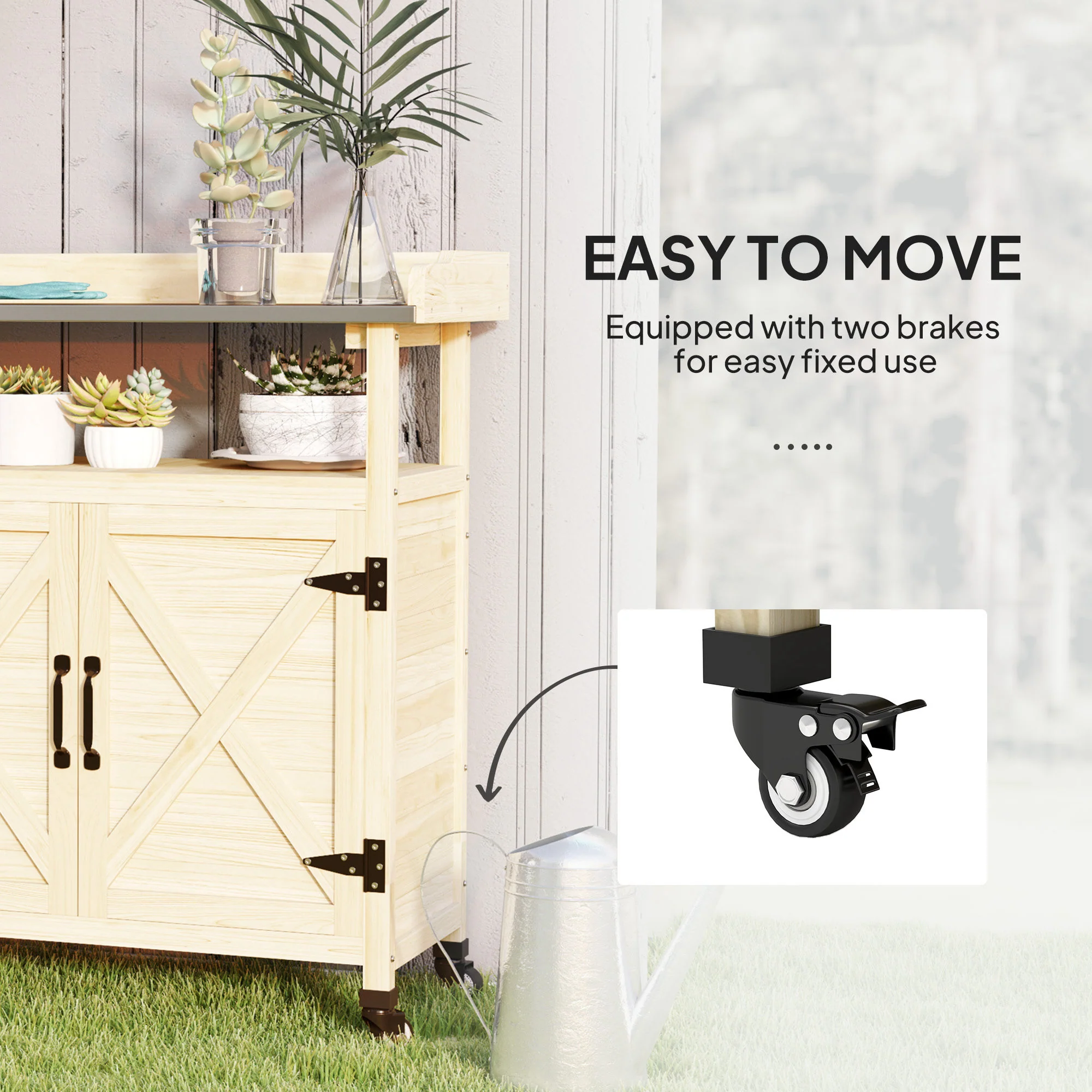 Wooden Potting Bench w/Sink and Water Tap,Storage Cabinet & Drawer Shelves, Natural Wood - Image 7