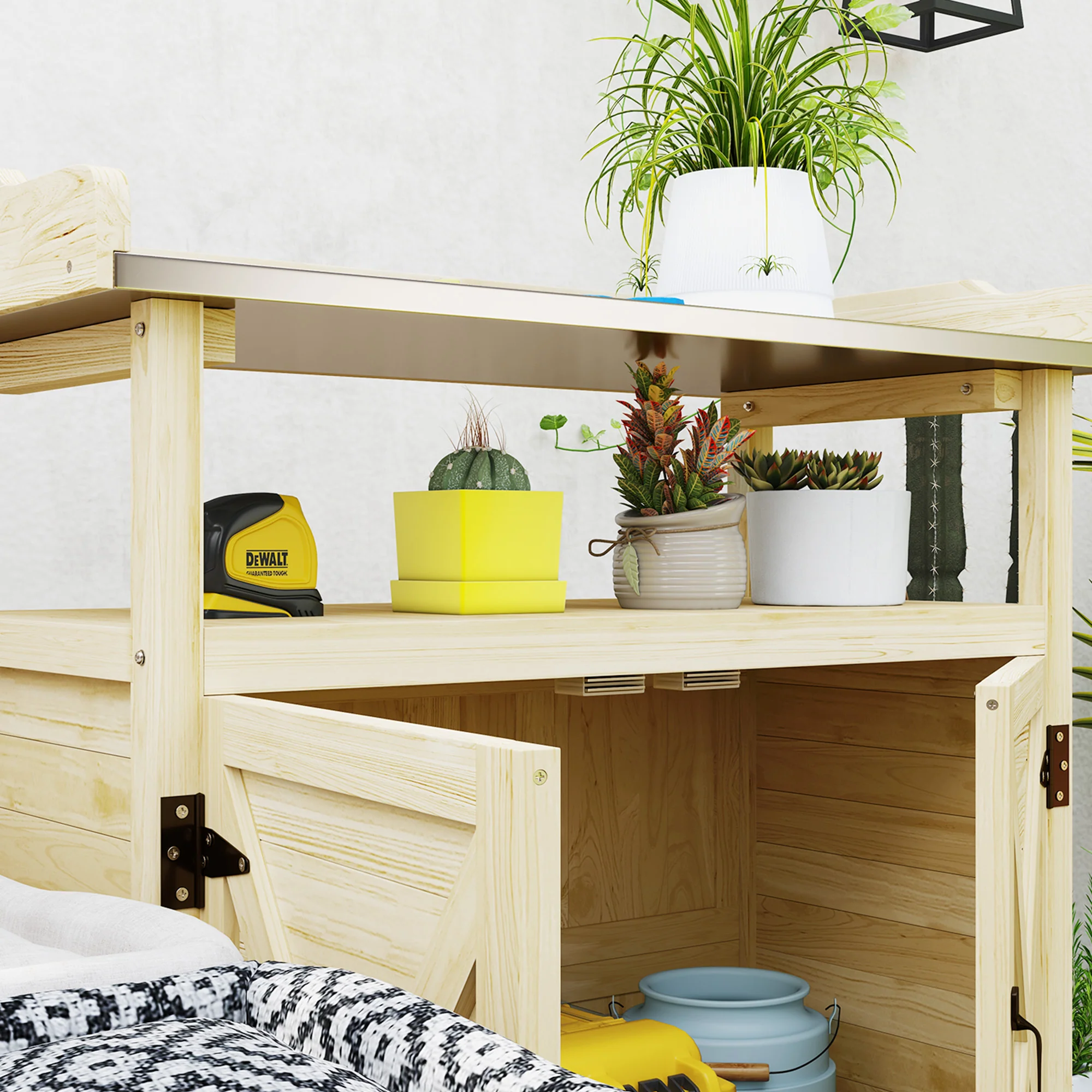Wooden Potting Bench w/Sink and Water Tap,Storage Cabinet & Drawer Shelves, Natural Wood - Image 9