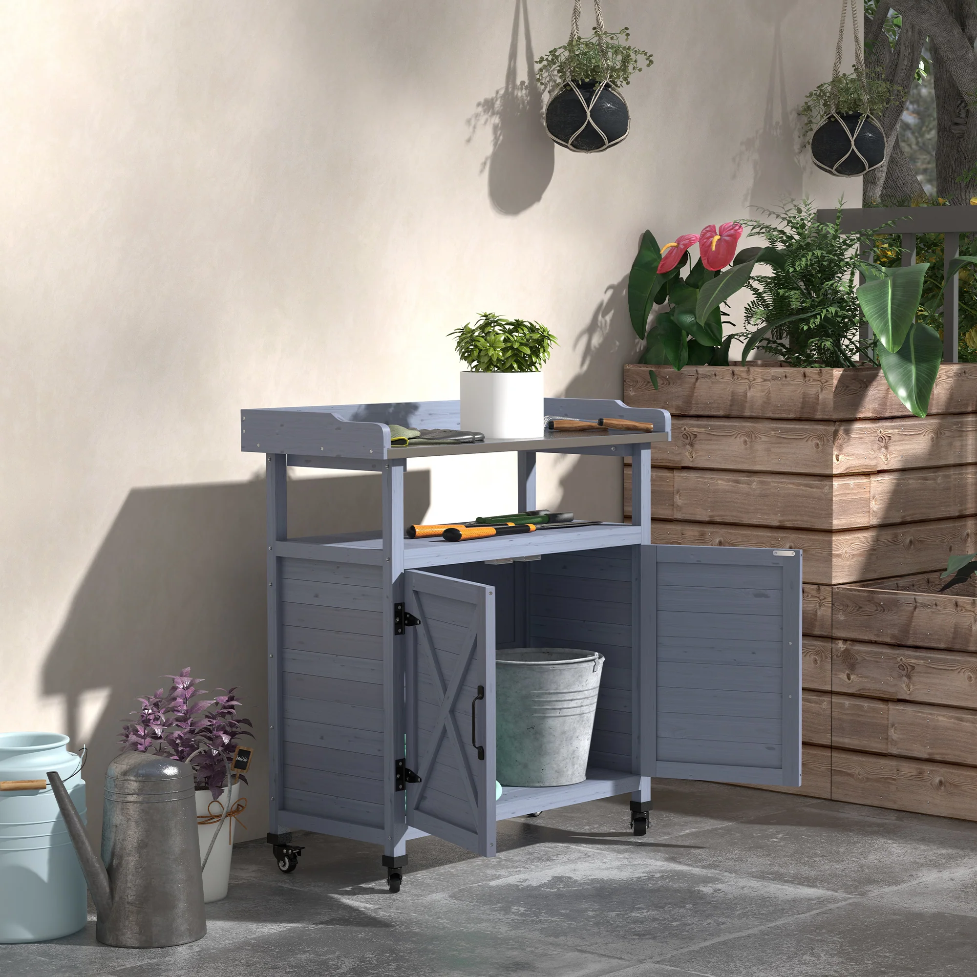 Outdoor Potting Bench Table with Storage Cabinet, Aluminum Tabletop, Rubber Wheels, Gray - Image 3