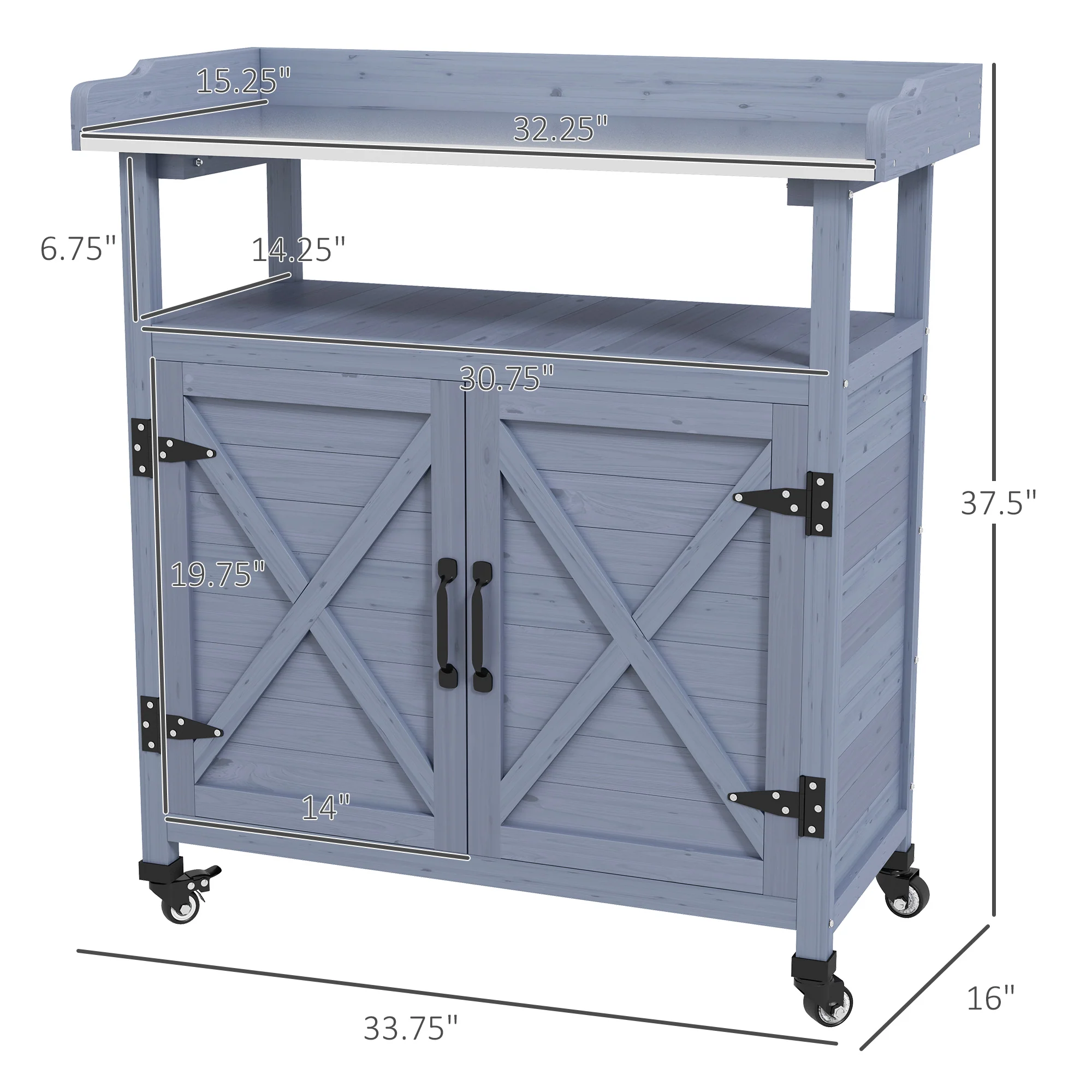 Outdoor Potting Bench Table with Storage Cabinet, Aluminum Tabletop, Rubber Wheels, Gray - Image 5