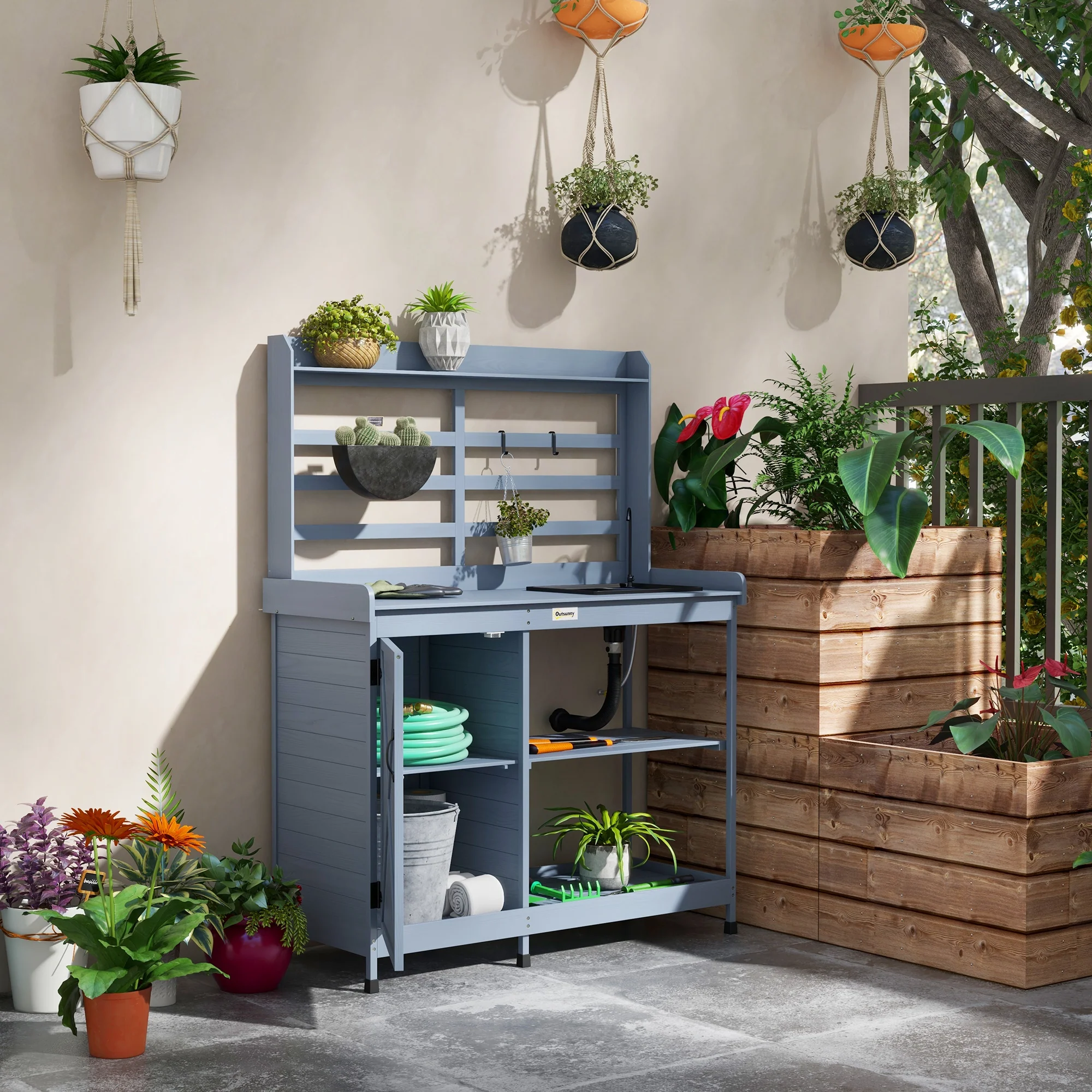 Outdoor Wooden Potting Bench w/Sink and Water Tap,Storage Cabinet & Drawer Shelves, Gray - Image 3