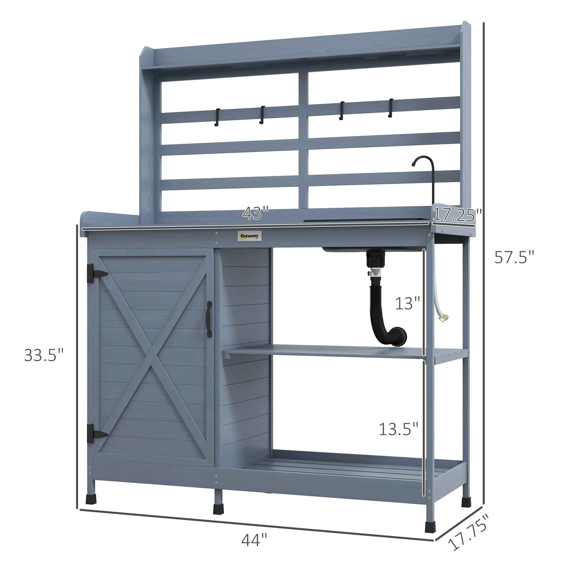 Outdoor Wooden Potting Bench w/Sink and Water Tap,Storage Cabinet & Drawer Shelves, Gray - Image 5