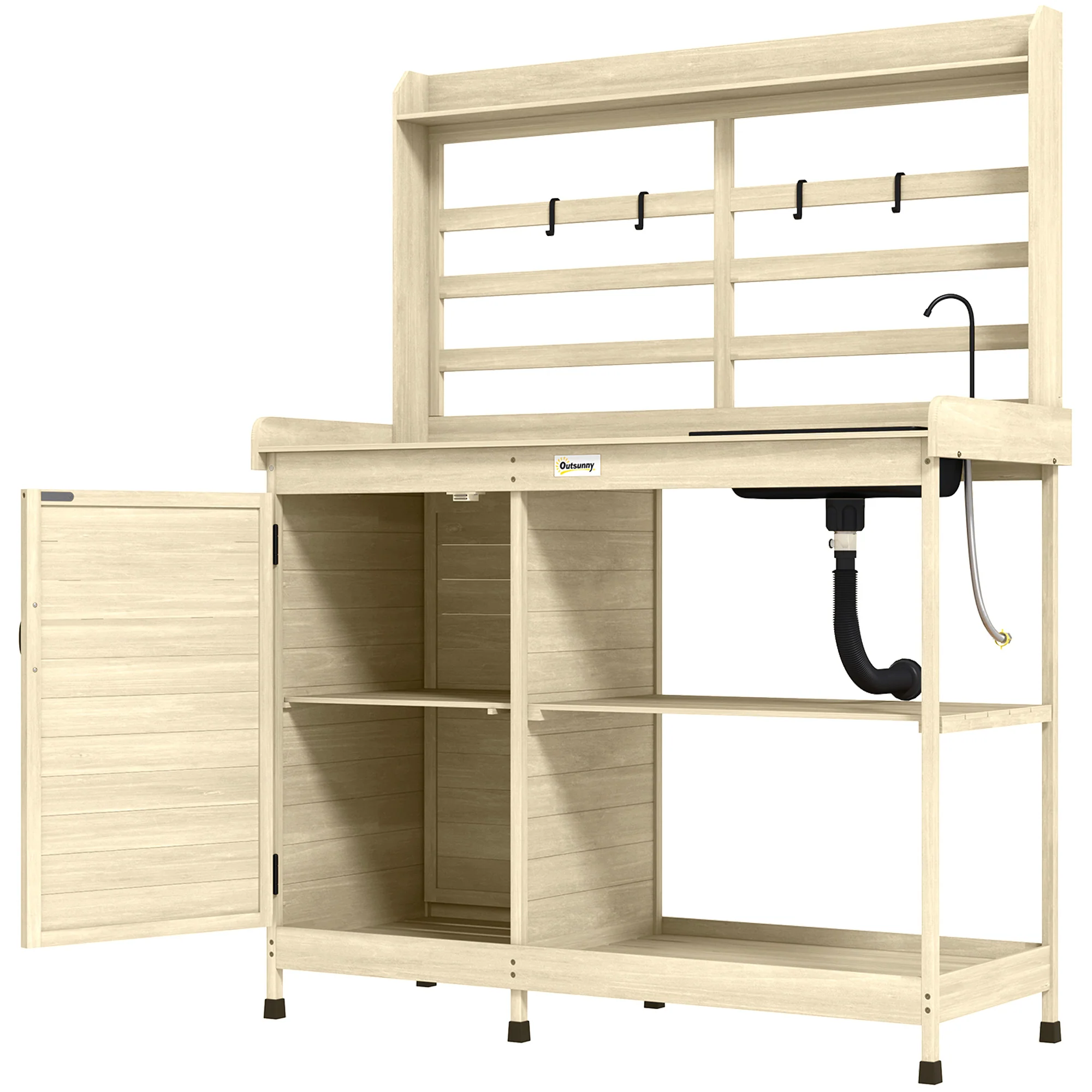 Outdoor Wooden Potting Bench w/Sink and Water Tap,Storage Cabinet & Drawer Shelves, Natural - Image 2