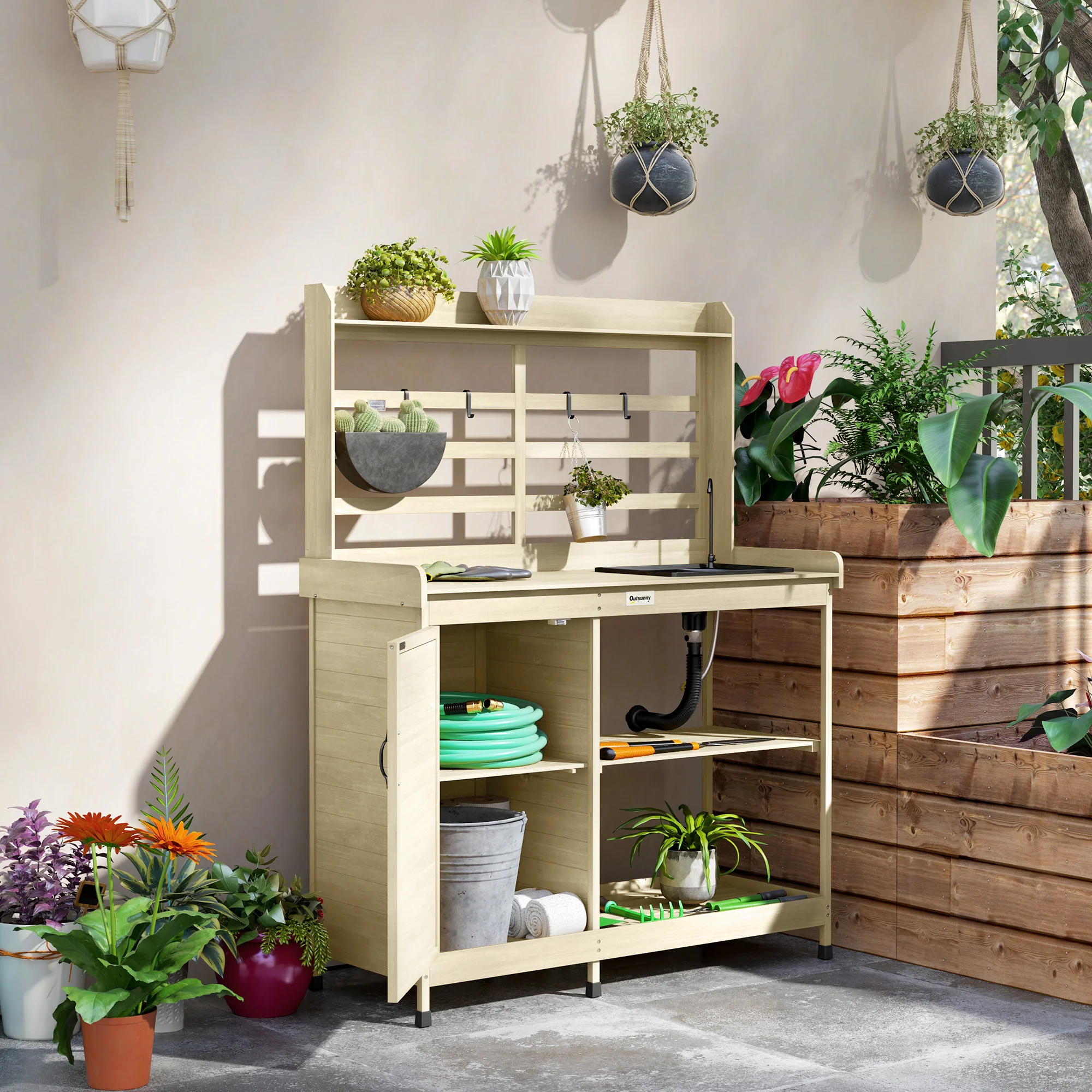 Outdoor Wooden Potting Bench w/Sink and Water Tap,Storage Cabinet & Drawer Shelves, Natural - Image 3