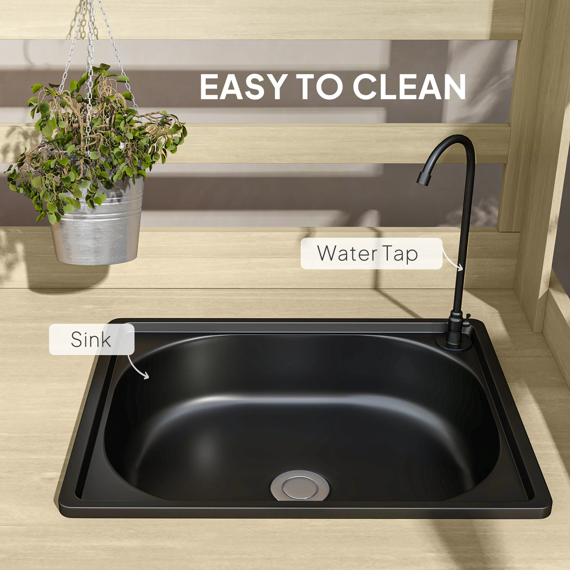 Outdoor Wooden Potting Bench w/Sink and Water Tap,Storage Cabinet & Drawer Shelves, Natural - Image 6