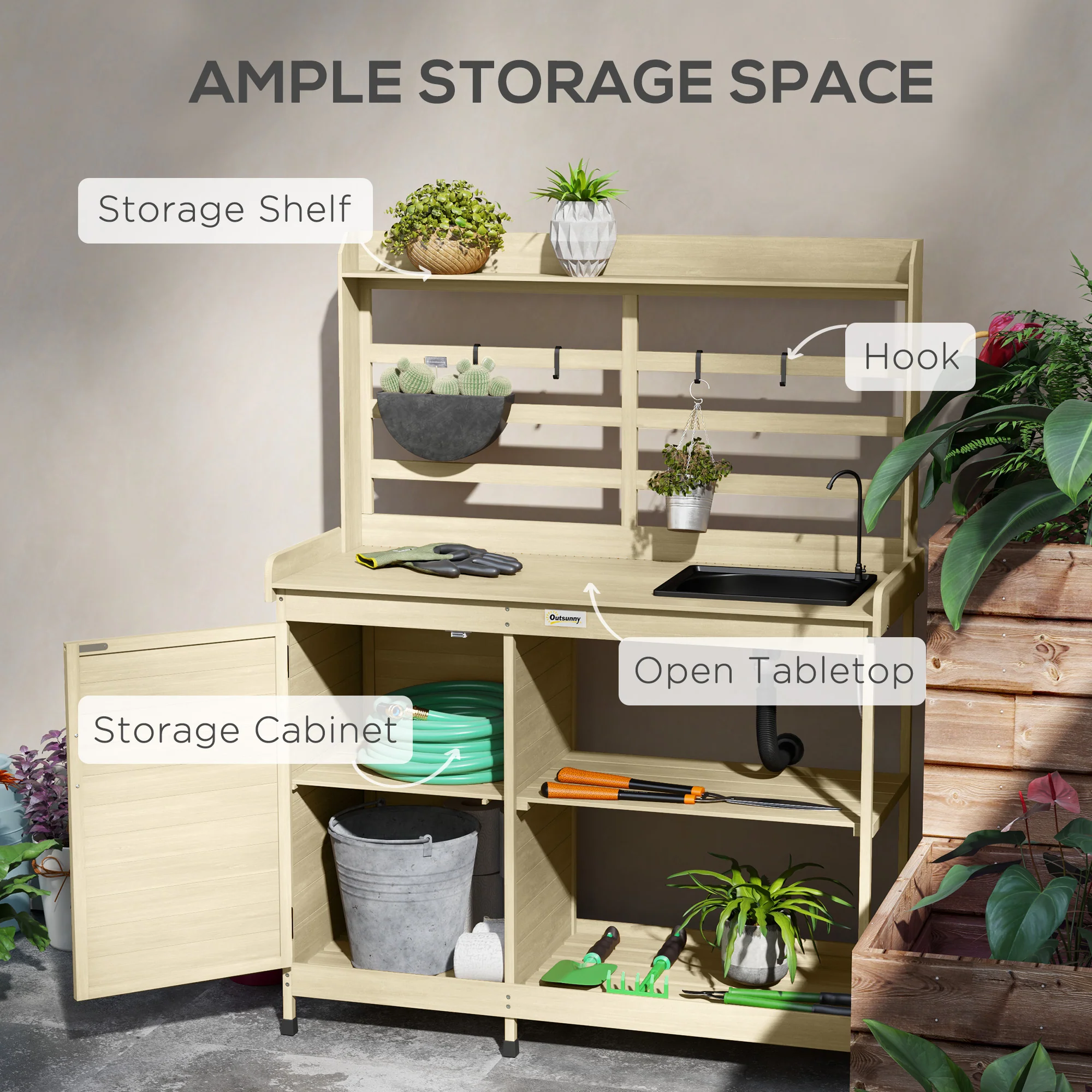 Outdoor Wooden Potting Bench w/Sink and Water Tap,Storage Cabinet & Drawer Shelves, Natural - Image 7