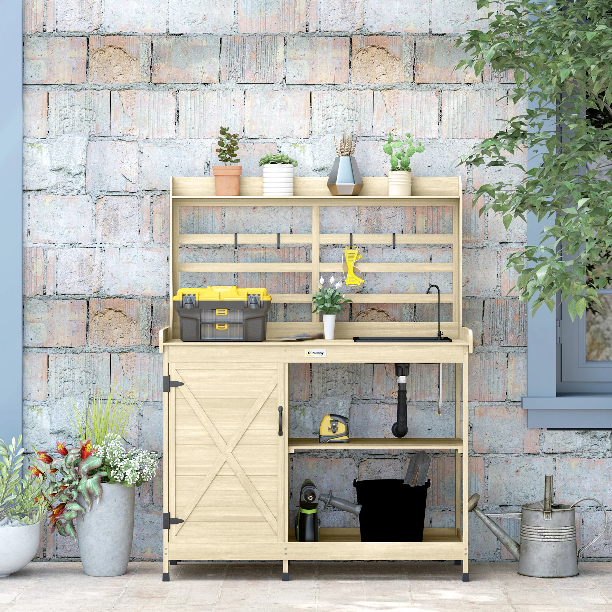 Outdoor Wooden Potting Bench w/Sink and Water Tap,Storage Cabinet & Drawer Shelves, Natural - Image 9