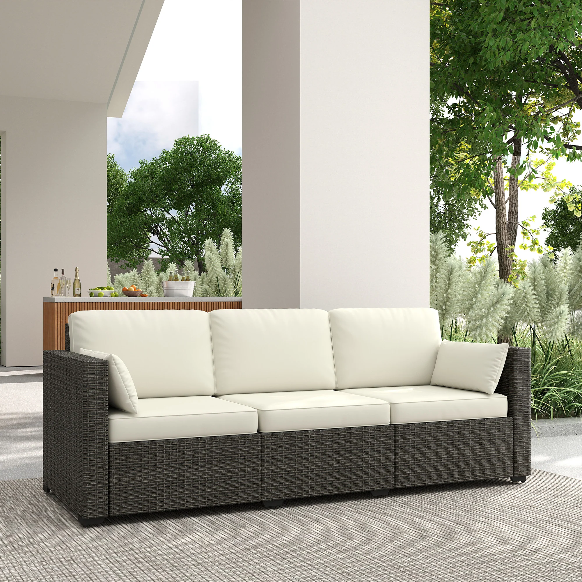 3-Seater PE Wicker Deep Seating Outdoor Sofa with Removable Cushions Cream White - Image 10