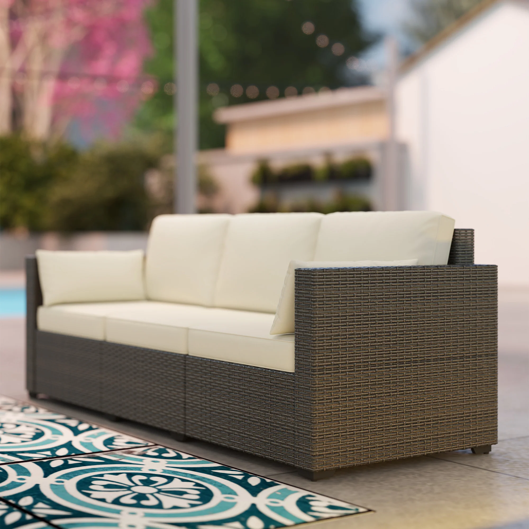 3-Seater PE Wicker Deep Seating Outdoor Sofa with Removable Cushions Cream White - Image 11